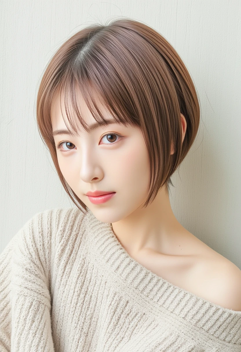 Stylish spring clothes、Fluffy hair、(White wall as background、Yellow cardigan:1.4)、White wall、In front of the white door、(A room with a white wall and a window)、((highest quality、8k、masterpiece:1.3))、Ultra-high resolution、(photoGenuineistic:1.4)、RAW Photos、Japanese,(detailed aspects)、Genuine、Photographed in natural light、Highly detailed face and skin texture、Highly detailed lips、The correct state of the human body、short hair、Brown Hair、Mr.々A pose、short hair、Shortcuts、Natural color lip、Pixie Cut、Very Short Hair、profile、Looking at this、In bed