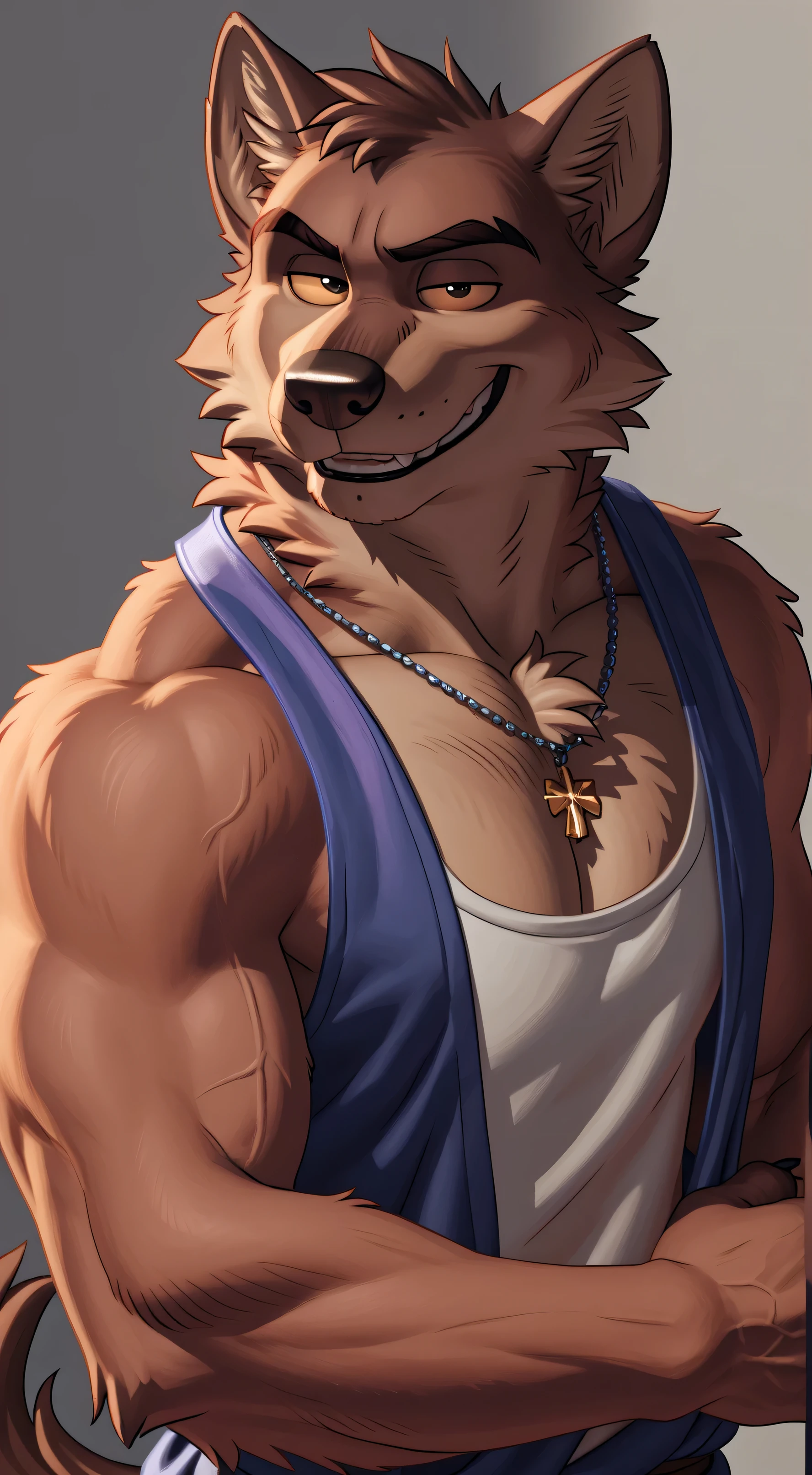Mr Wolf, bg, 4k, high resolution, best quality, detailed, posted on e621, solo, anthro body, masculine, male, (very muscular, defined muscles):1, simple background, correct anatomy, (detailed eyes:1.1), sexy, (cel shaded, cartoony shading, strong shadows, dramatic lighting):1.3, confident, (by wfa, by takemoto arashi, by meesh, by Taran Fiddler), strong, (half body, upper body), bare chest,
