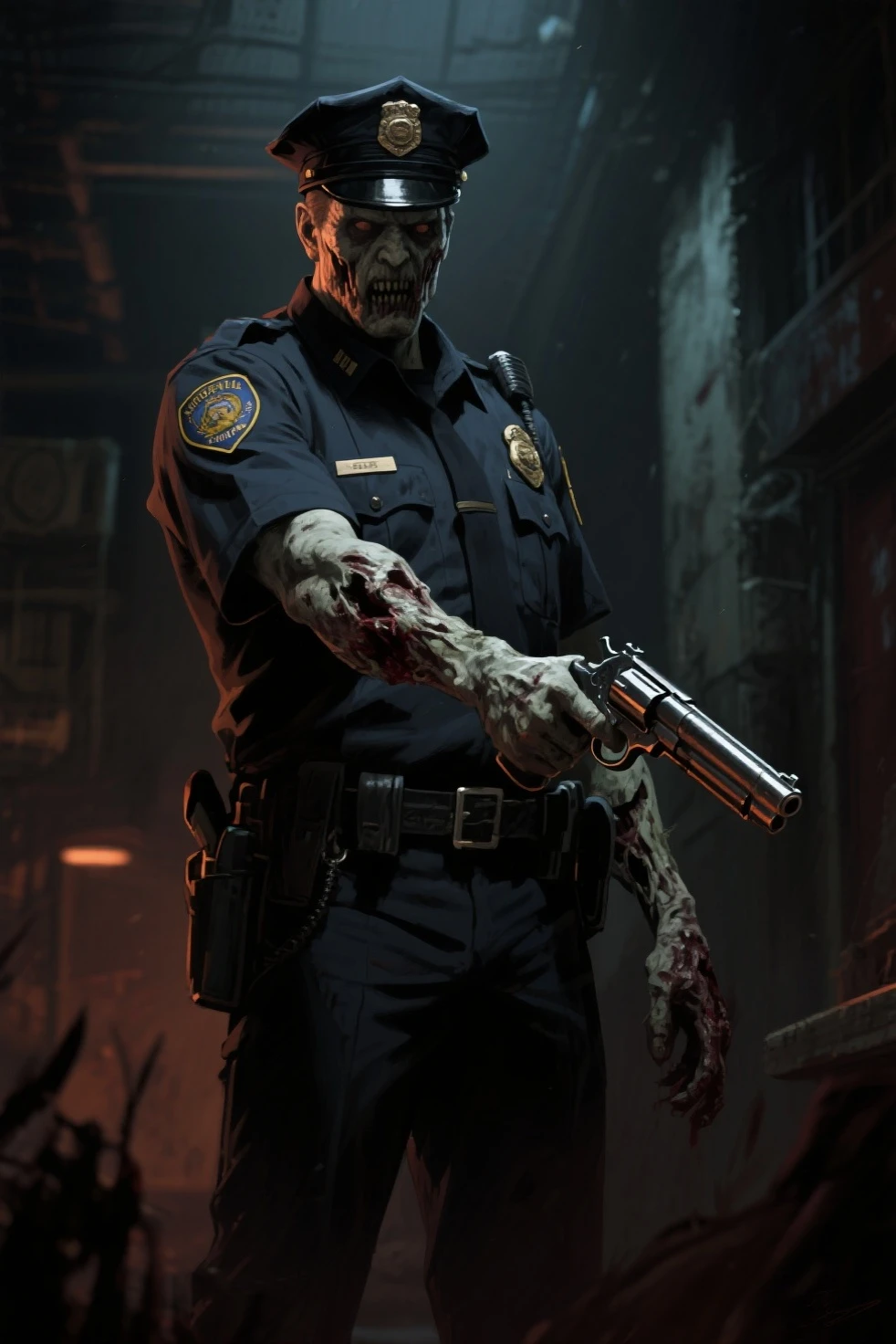 Chief zombie, solo, uniform police chief, villain, chief police hat, blood in mouth, weapon in right hand, full body, zombie chief,
