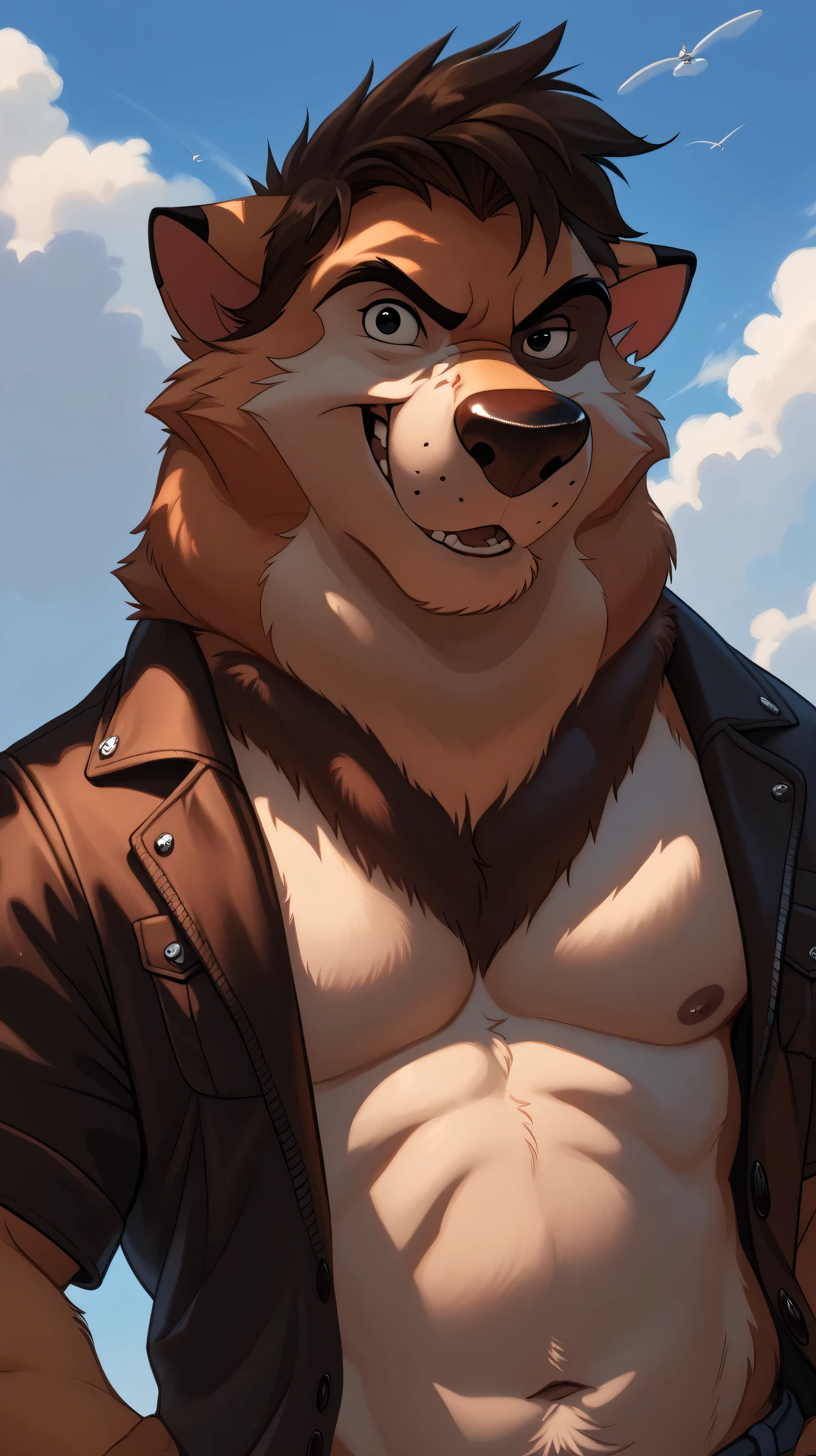 Kaltag pny, alaskan malamute, solo, detailed, detailed face, detailed eyes, anthro body, male, adult, very muscular:1.1, cartoon shading, cel shaded:1.0, flat colors, shirtless, wfa style, negger style, cartoony anatomy, above waist, looking at viewer, arms crossed, countryside background:1.1