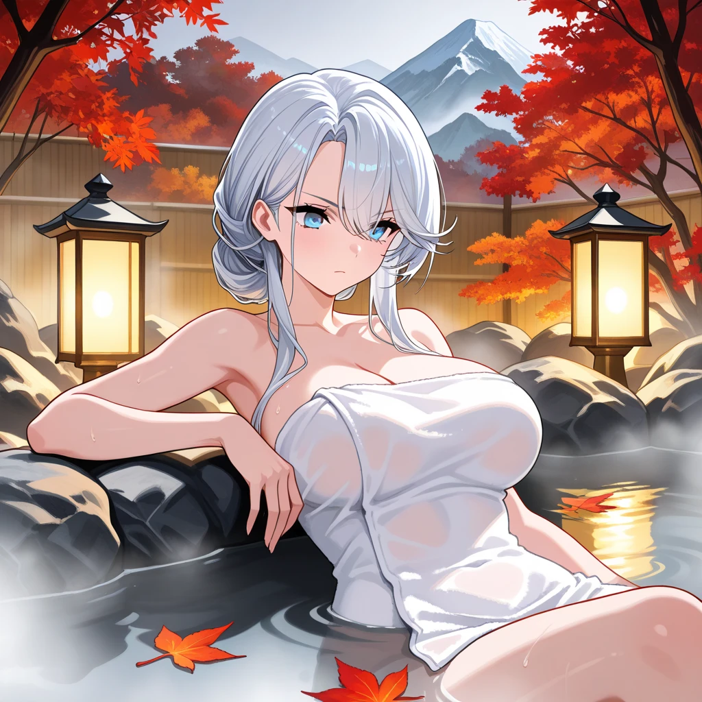1girl, white hair, purple eyes, portrait, realistic, towel, (onsen), sidelighting, wallpaper, nsfw,