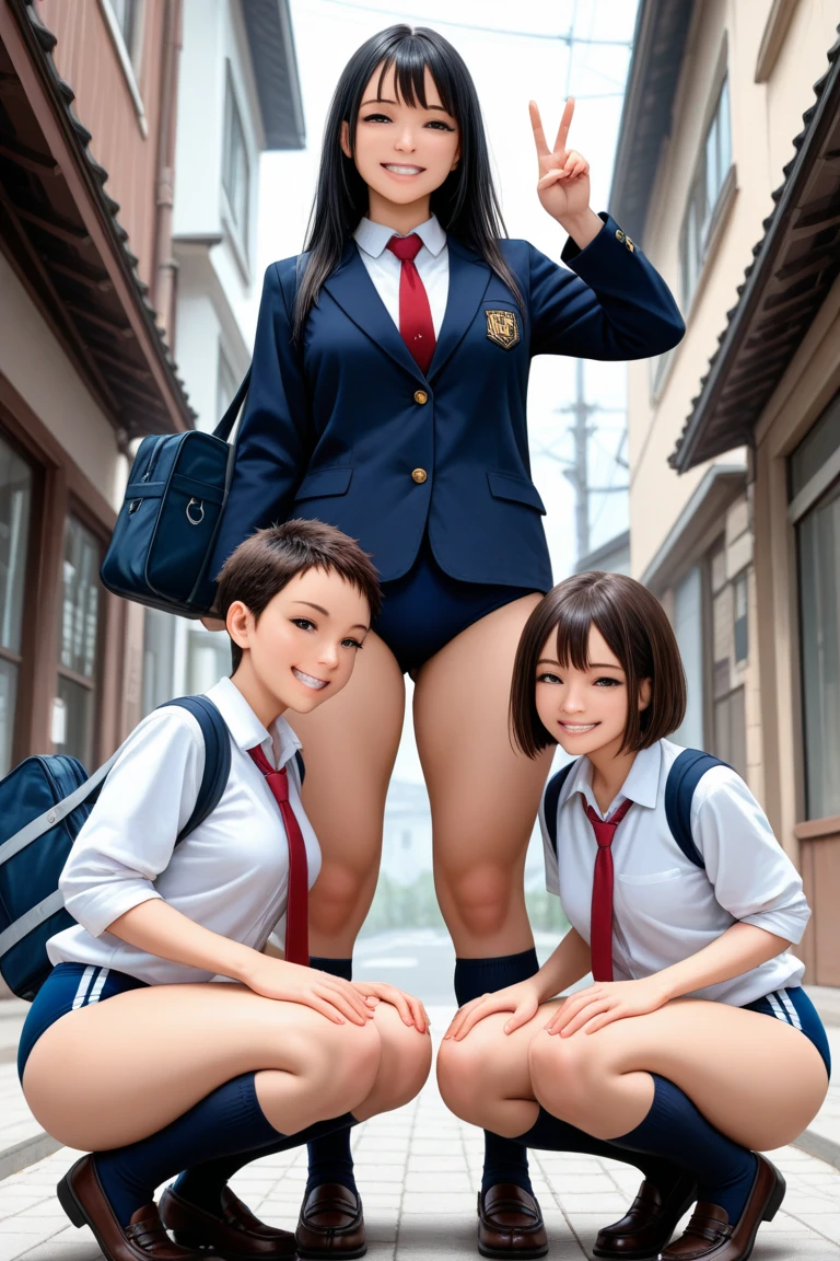 Two schoolgirls on the street, Spread your legs and lift your female genitalia, Exposed naked breasts , Ripped open white shirt, Highest Quality, 8K, Masterpiece, The quality is the best, Very delicate and beautiful black short hair, Round glasses, large full breasts, Exposing limbs, Torn stockings, drooling, Open your mouth, Stick out your tongue and smile, A little fat woman, Ordinary Korean Girl