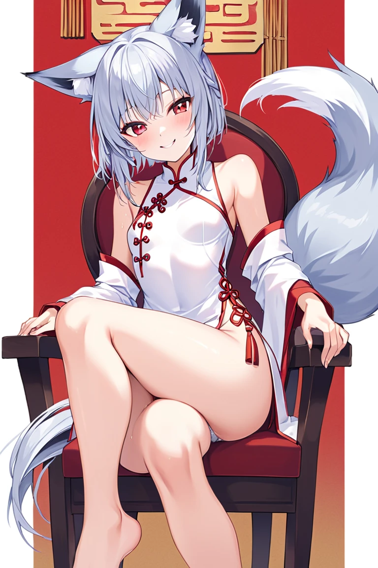 ((best quality)), ((masterpiece)), (detailed), Dusk_Lycanroc, collared, embarrassed, nsfw, laying on back, kemono, anime, female, furry, anthro, full body, solo, :d, ^_^, ahoge, animal_ear_fluff, animal_ears, bangs, bare_shoulders, blush, closed_eyes, fox_ears, fox_girl, fox_tail, hair_between_eyes, long_hair, open_mouth, simple_background, smile, solo, swaying, tail, upper_body, virtual_youtuber, white_background, white_hair