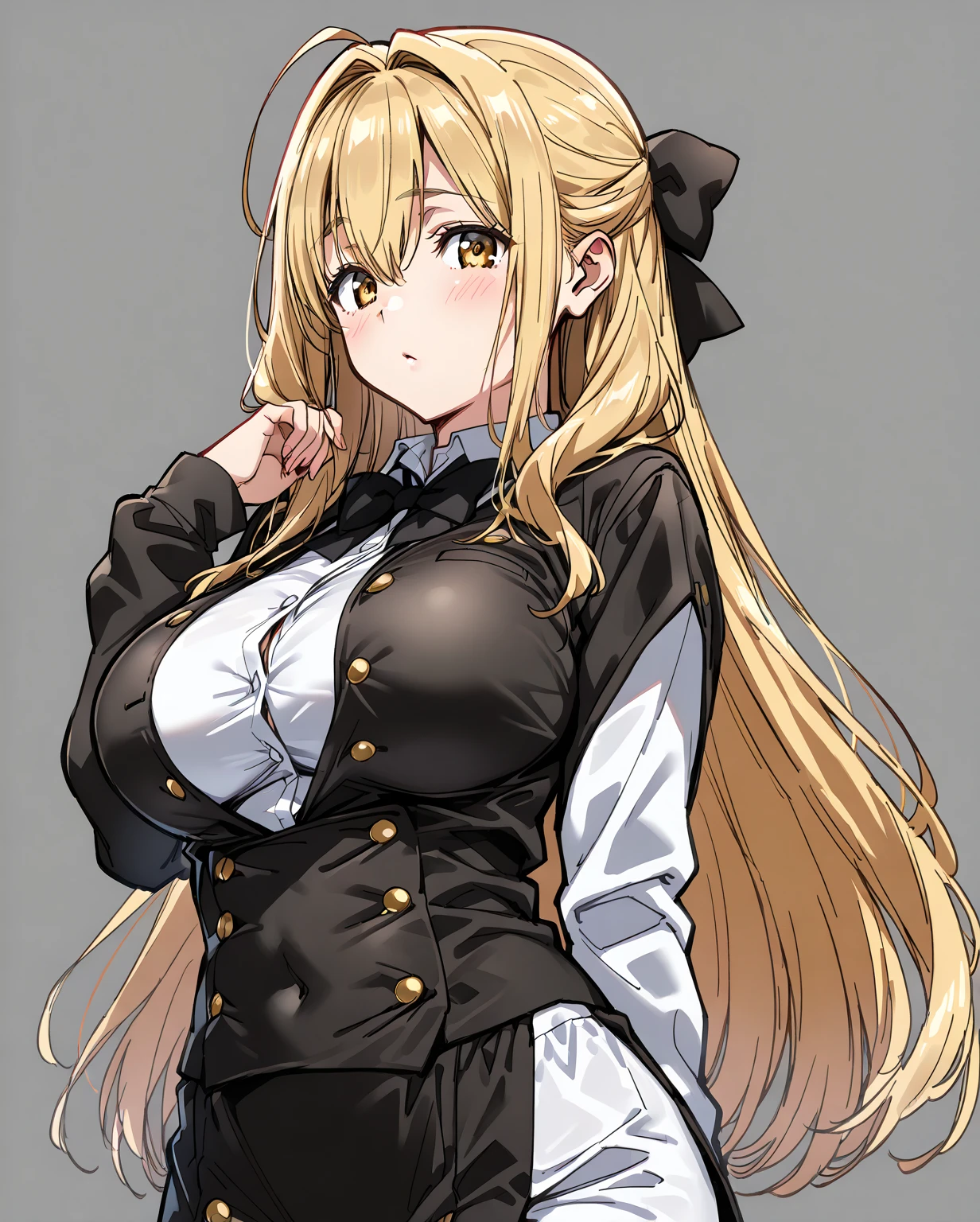 (cowboy shot: 1.5), (white background, simple background: 1.5), (masterpiece:1.5), (big breasts: 1.5), (1 girl: 1.5), young woman, (Beautiful Girl:1.5), (extremely detailed and delicate anime face and eyes:1.5), whole body, (natural light, HDR, extremely details CG:1.3), (dynamic posture: 1.3), {correct body anatomy}, (wide hips: 1.3), (perfect hands: 1.5), single focus, toned body, Beautiful Lips, thick lips, {surreal}, {correct posture}, {minutes details}, {detailed body}, {detailed clothing}, (Bright Eyes: 1.3), (cleavage: 1.3), {accessories}, {sexy}, (Short blazer: 1.5), long sleeves jacket, (open jacket: 1.5), (puffed sleeves: 1.3), one-piece dress, (wide sleeves: 1.3), (school dress: 1.5), (dress with frills: 1.5), (skirt with lots of frills: 1.5), (white lace-trimmed legwear: 1.5), white thighhighs, garter belt, (Hakama bow: 1.3), (black high heels: 1.3), jewelry, (neck ribbon: 1.5), (bowtie: 1.3), hairband, (tiara: 1.2), earrings, (light smile: 1.3), (extra long hair: 1.5), (two-tone hair: 1.5), (pale blonde hair with lilac streaks: 1.5), (permed hair: 1.5), (long wavy hair: 1.3), very thick hair, (open forehead: 1.5), glowing hair, (bright light gray eyes: 1.3),