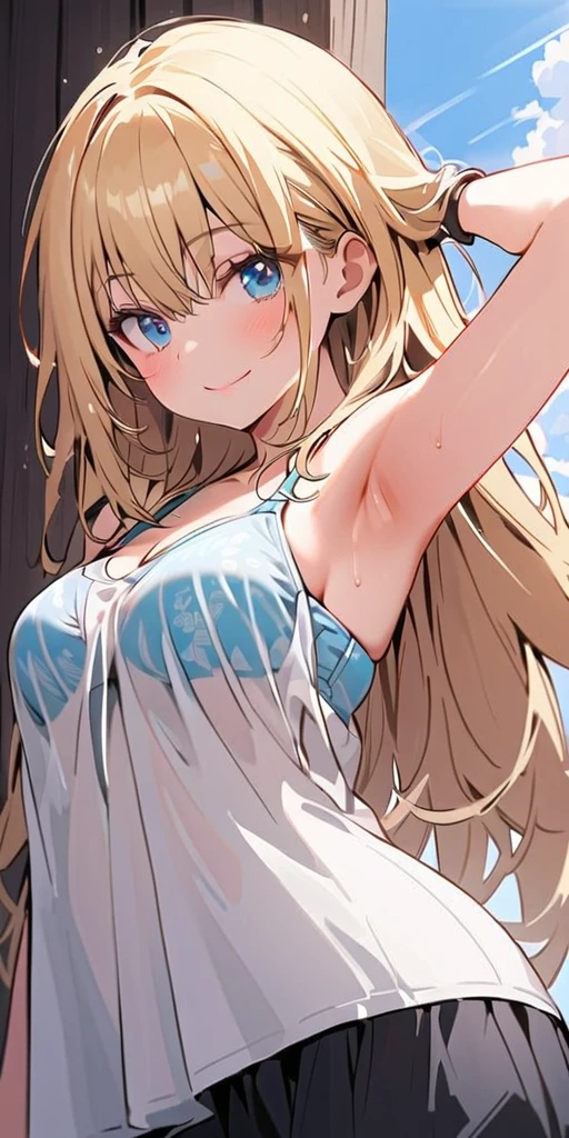 Realistic、1house wife、blonde hair、braid、blue eyes、(eye focus:1.3,face focus,upper body),(gradient eyes:1.3),(camisole sexy panties
)、open mouth,(grin:1.3),forehead,cute face、finger to mouth,beach