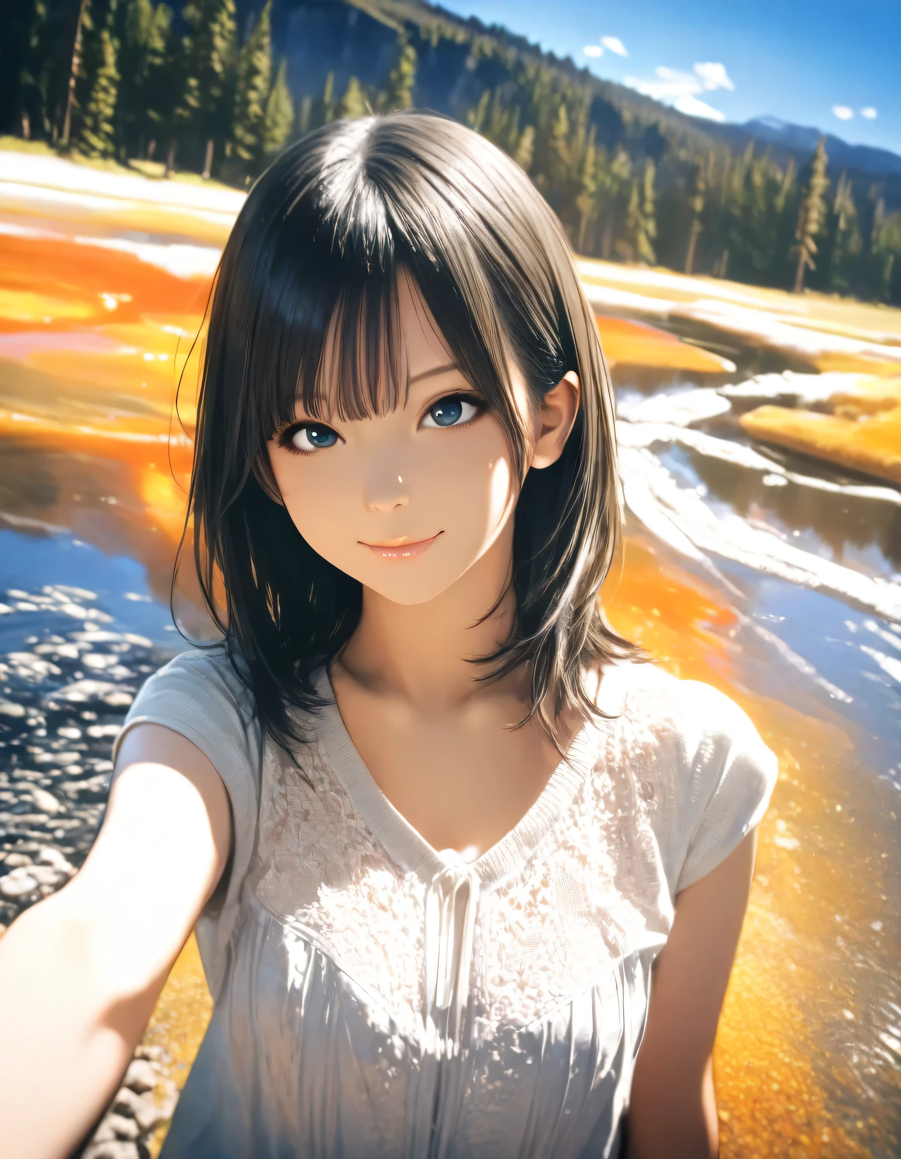 1girl, year 2016, upper body, Yellowstone National Park, blue sky, casual clothes, masterpiece, high score, great score, absurdres, 16k, Ultra detailed, (photorealistic : 0.5)