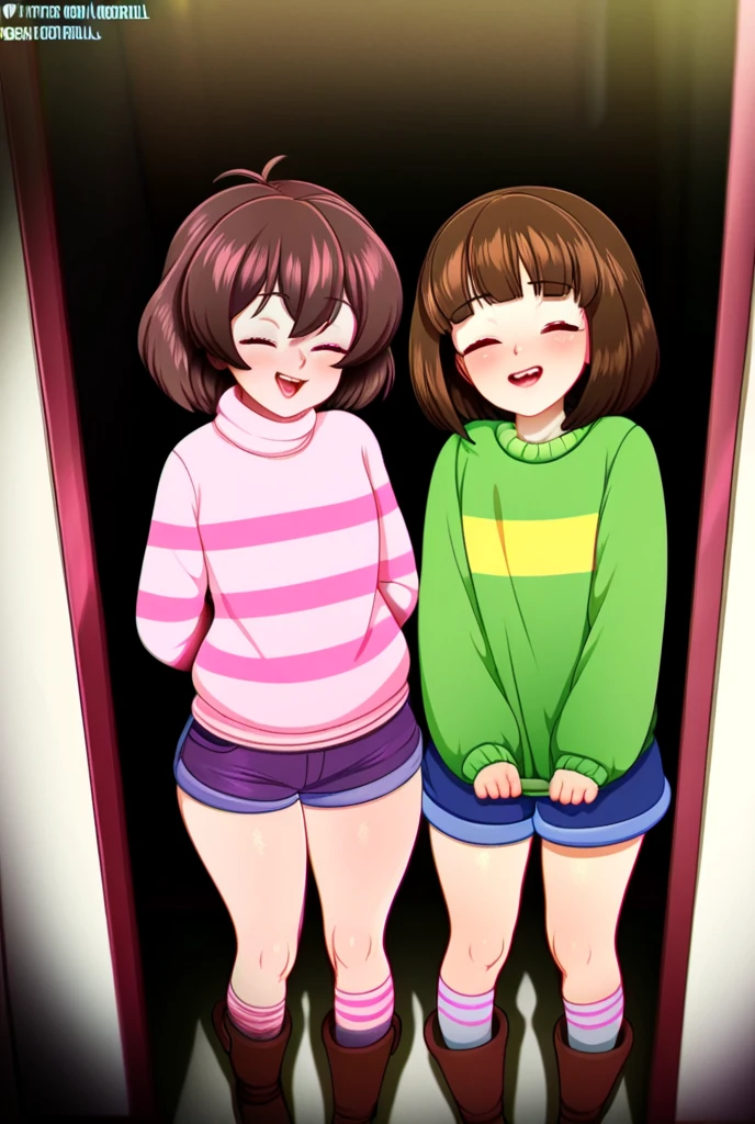 two womans. Woman versus woman. Hatsume with, naked, standing upright, big breastes, small nipples, wet pussy. , Ochako Uraraka, naked, standing upright, mediuml breasts, small nippless, wet pussy, women kissing, bedroom, 夜晚
