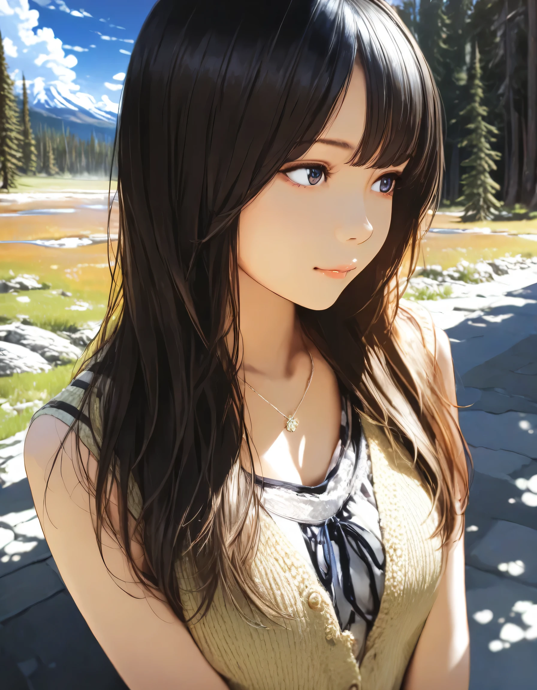 1girl, year 2016, upper body, Yellowstone National Park, blue sky, casual clothes, masterpiece, high score, great score, absurdres, 16k, Ultra detailed, (photorealistic : 0.5)