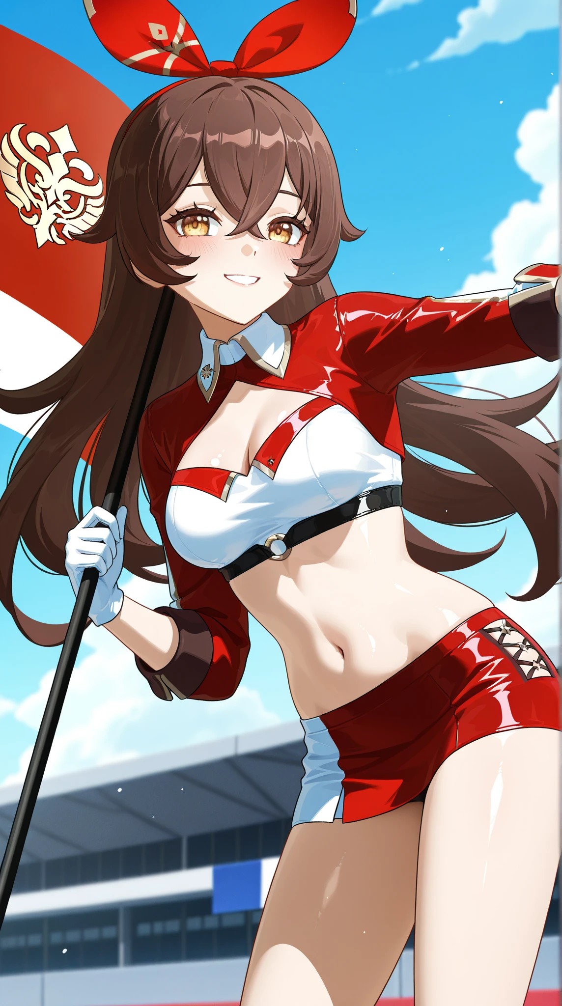 android, beautiful robot, short pigtails, brown hair, Hair tie with two big red clothespins, big smile, brown hair, middle age, joint seam, blue eyes, full body figure, Height: 160cm, Light beige micro mini dress, fluttering skirt, skirt folds, white retro swimwear, Uplifting, 2020s anime style, 21thcentury japan animation, show White pantie
