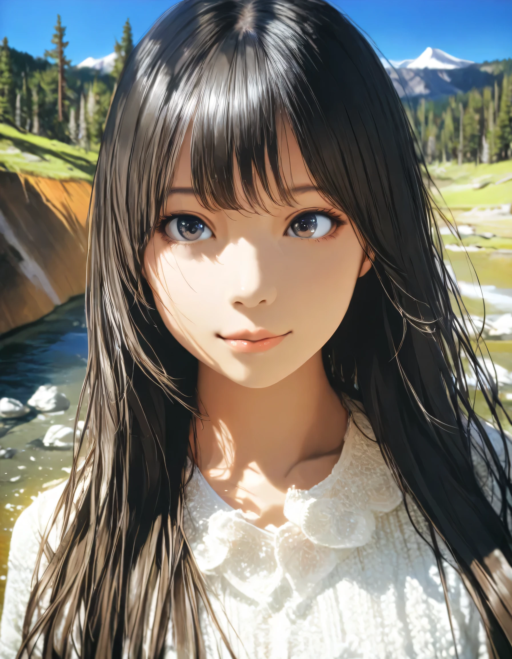 1girl, year 2016, upper body, Yellowstone National Park, blue sky, casual clothes, masterpiece, high score, great score, absurdres, 16k, Ultra detailed, (photorealistic : 0.5)
