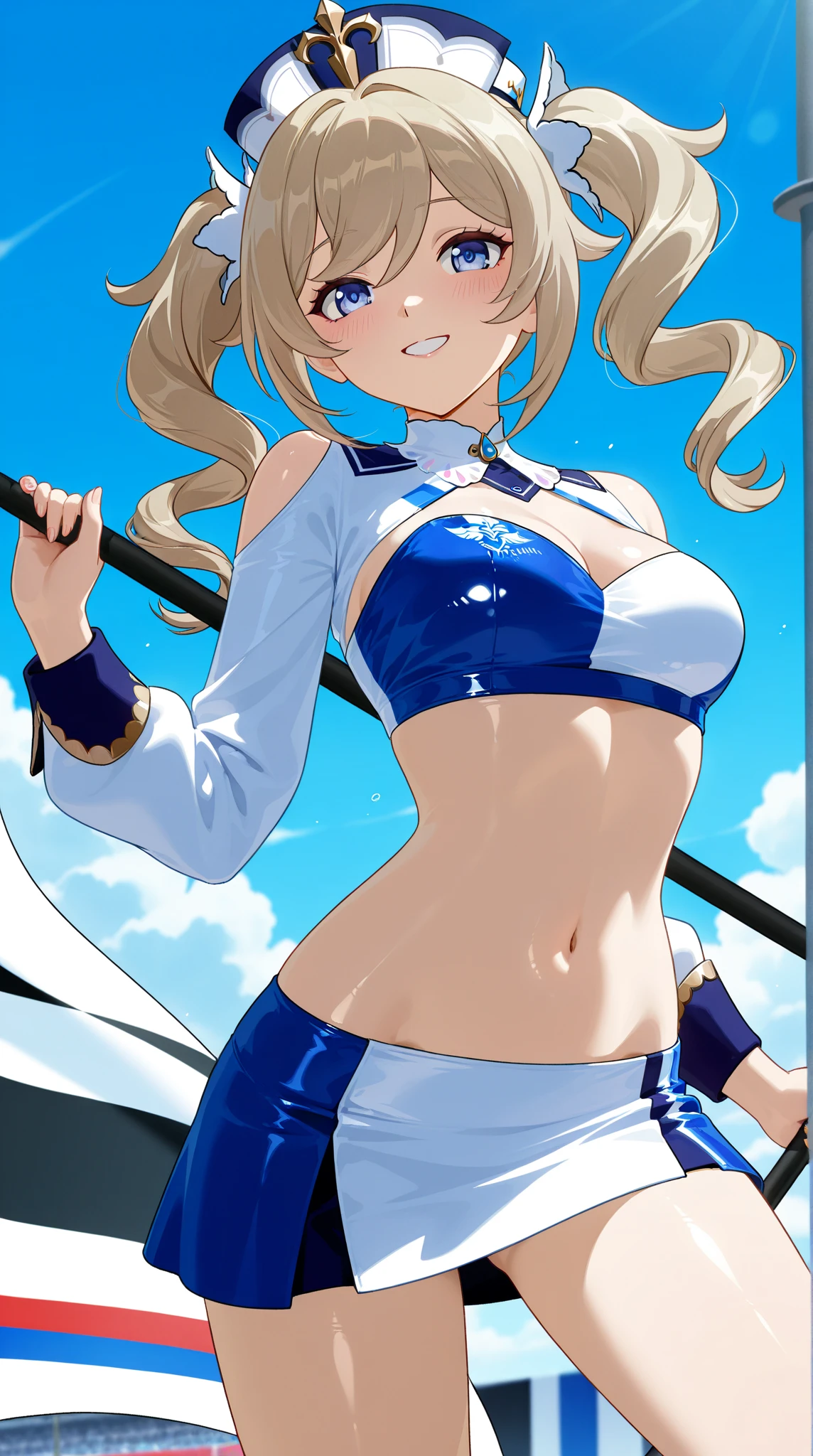 masterpiece,(ultra-detailed),1girl, mysterious heroine xx \(fate\), smile,open mouth, swimsuit, white bikini, side-tie bikini bottom, shrug \(clothing\), jacket,  thigh strap, wristband,  large_breasts, ocean, splashing,blonde_ponytail,open_legs,