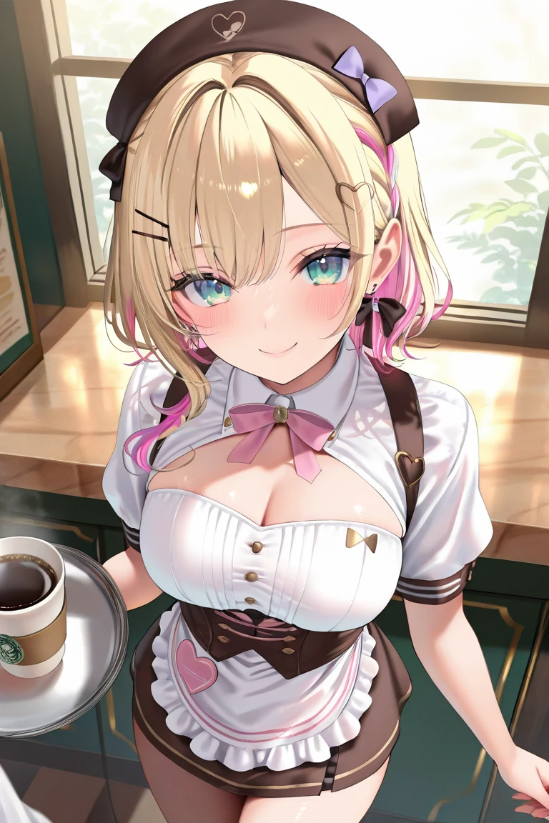 maribelle fe, 1girl in, Solo, Drill Hair, (maid:1.5), Golden hair, length hair, Twin-tailed, Pink Parker, A MILF, C cup breasts, Heart-shaped chest, Heart logo, huge smile, in a coffee shop, a navel, Futomo, Navel Ejection, grab your chest with your hands, No underwear,