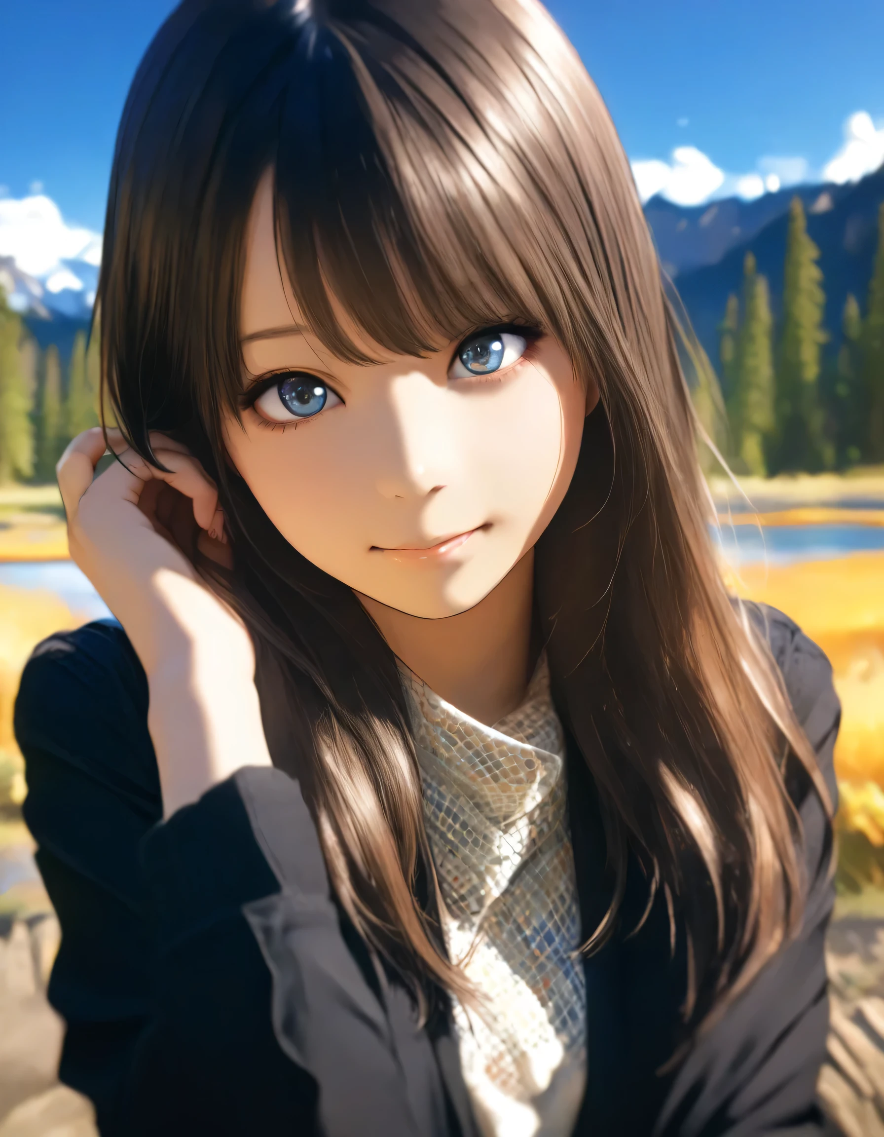 1girl, year 2016, upper body, Yellowstone National Park, blue sky, casual clothes, masterpiece, high score, great score, absurdres, 16k, Ultra detailed, (photorealistic : 0.5)