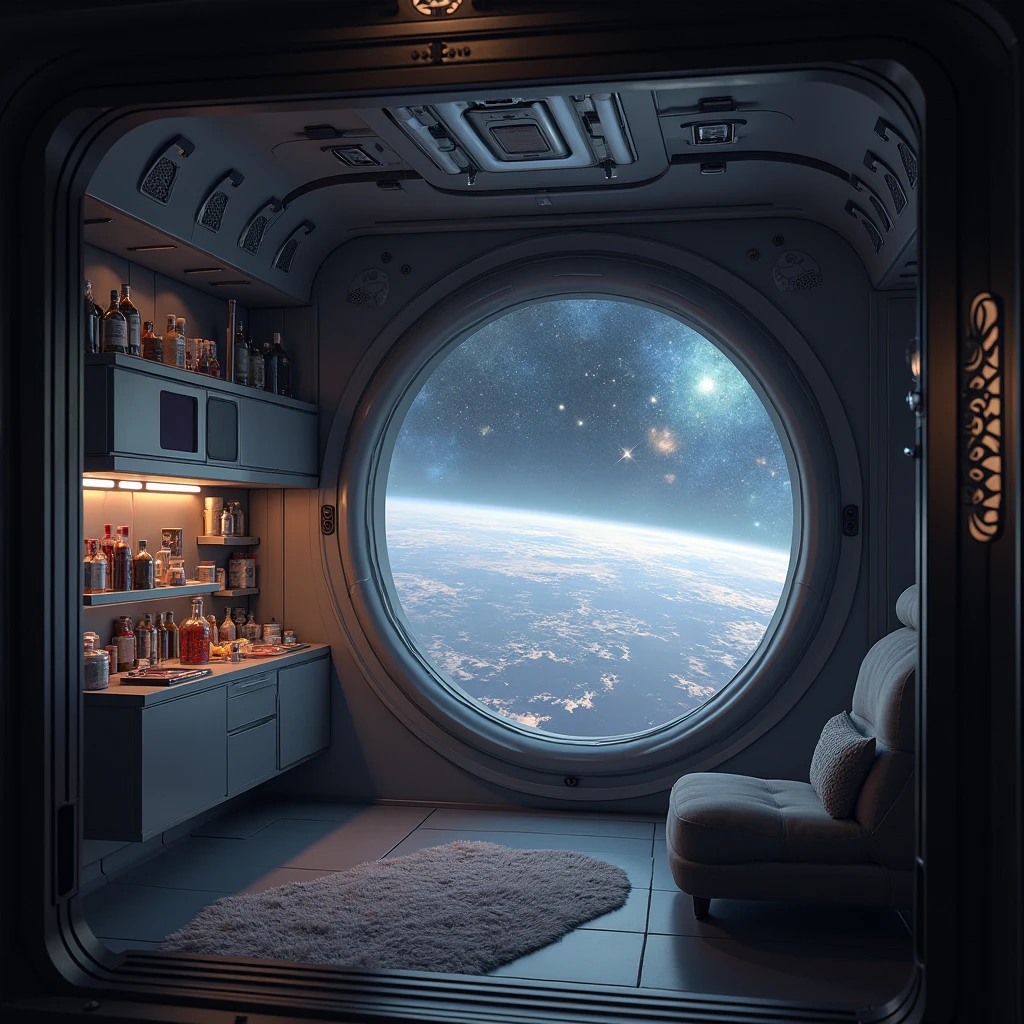 (Photorealism:1.2), Cosmos, spaceship, Cabin, Large round window, small spaceship store