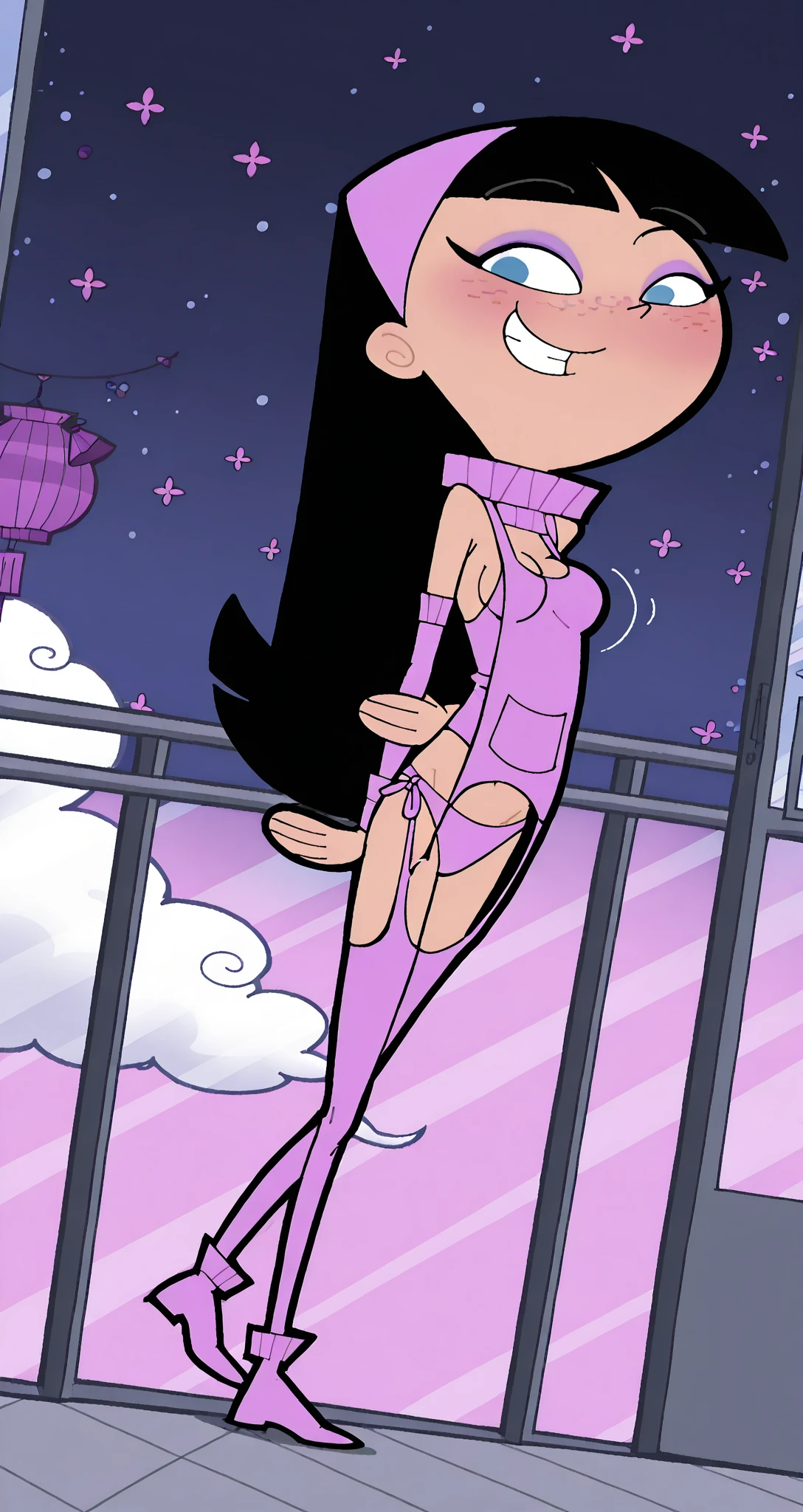 Violet Parr has a penis, she is a shemale sucking her own penis, 1girl, (flat chest), (((very small breasts))), ass:1.3, purple eyes, black hair, long hair, lips, blush, naked, depth of field, bokeh, (special attention to skin detail: 1.2), masterpiece, best quality, ultra-detailed, ultra-HD, photorealistic, cinematic, ((close-up camera shot)), sensual pose, alluring, blowjob:1.4, (((no clothes)))