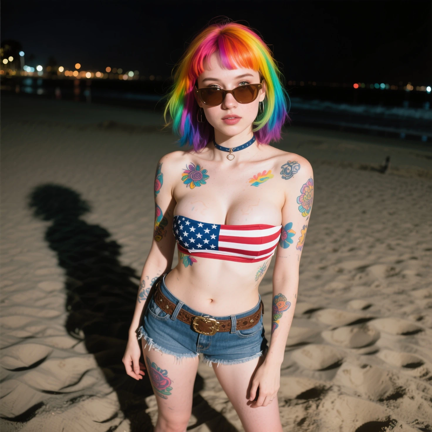 High definition, NSFW, real photo, 18 year old, beautiful goth model, nude, pale skin, slender body, thin hips, shaved pussy, smoky eyes, vivid colors, wearing punk jewelry, long hairstyle, blue hair, dark lipstick, walking down a street in a desolate abandoned post nuclear town, nude body view, womb tattoo, heart tattoo, 20 meters in front of viewer, head-to-toe in frame, barefoot, feet in frame break real digital photography, Beautiful brunette woman, nude oiled body, shaved pussy Short hair with tattered, thin muscular body, 8-pack abs, midriff tattoo, 8K, ultra realistic, On a sunny desert road, With cars, planes and destroyed buildings, Apocalyptic landscapes, sexy, nipple protrusion, thigh gap:1.0