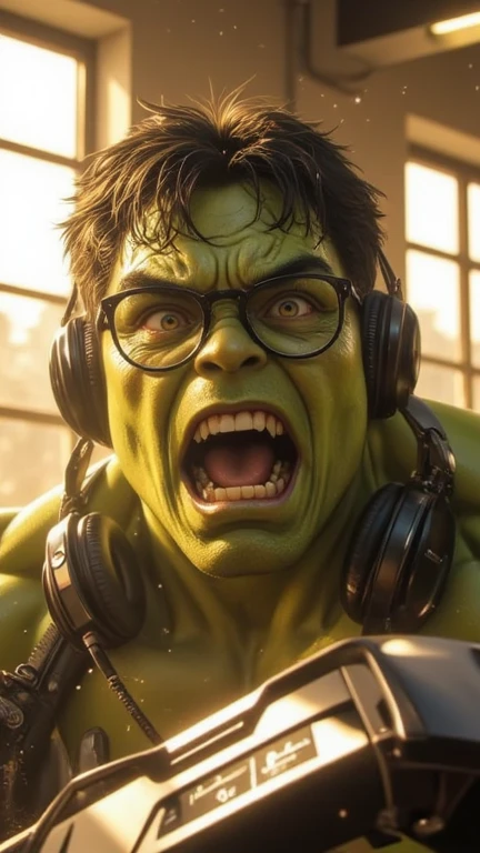 Hulk happy smile, listening music with headset, sitting on building top, vertical border