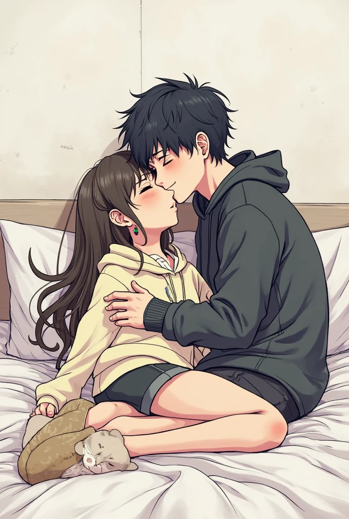 anime style,bookworm handsome boy,black T-shirt,white shorts,bold glasses,hugging beautiful girl,girl wearing like the boy,designed illustration,ultra-detailed,realistic,professionally crafted,charming scenery,soft lighting,vivid colors