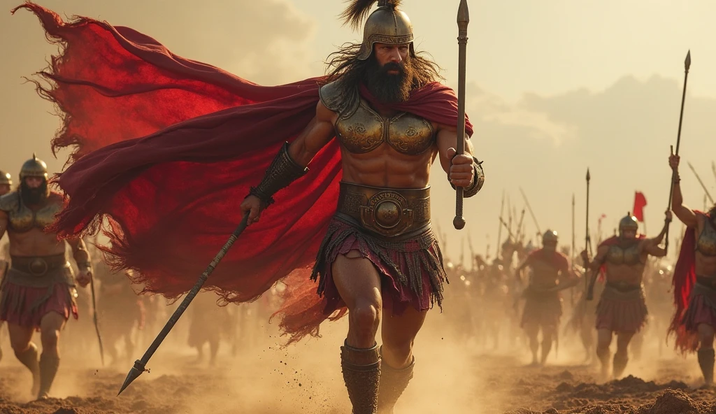 Greek god Ares afraid running leaving his army from the battle
