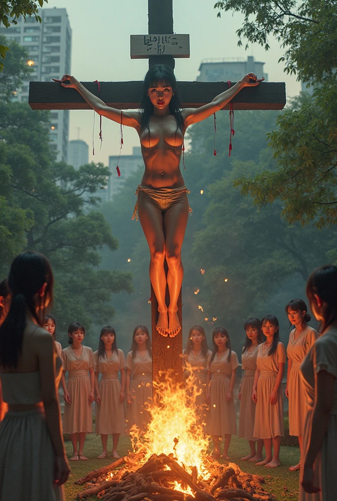 1 girl, realisitic, Raw photo, japanaese girl, (fullnude:1.9), (beautiful countenance:1.4), 18year old, bobhair, Black hair、(Crucifixion to a burning cross engulfed in flames on stage:1.8), (Tied to a cross with barbed wire:1.5), not any dressed、(enthusiastic crowd:1.2)
