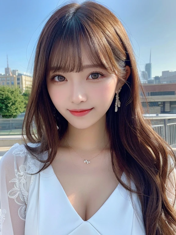 medium (shoulder-length:1.2) wavy hair, masterpiece, best quality, highres, 1girl, japanese,looking at viewer,(smile:0.6), rooftop of building with fence
