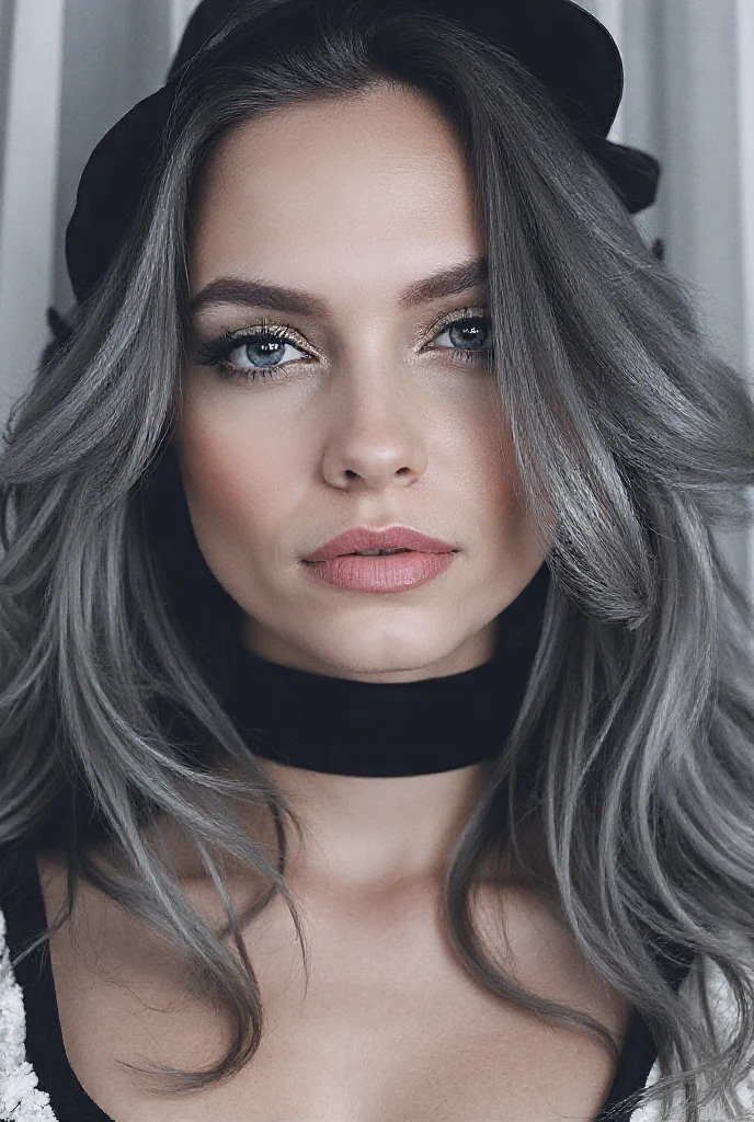 30-year-old woman with, Alone, Long gray hair, , view the viewer, Blonde hair, shoulder, Brown eyes, jewely, Full Body Lesbian, choker necklace, cropped shoulders, Sweaters, Open, current, nase, Flirting with the camera