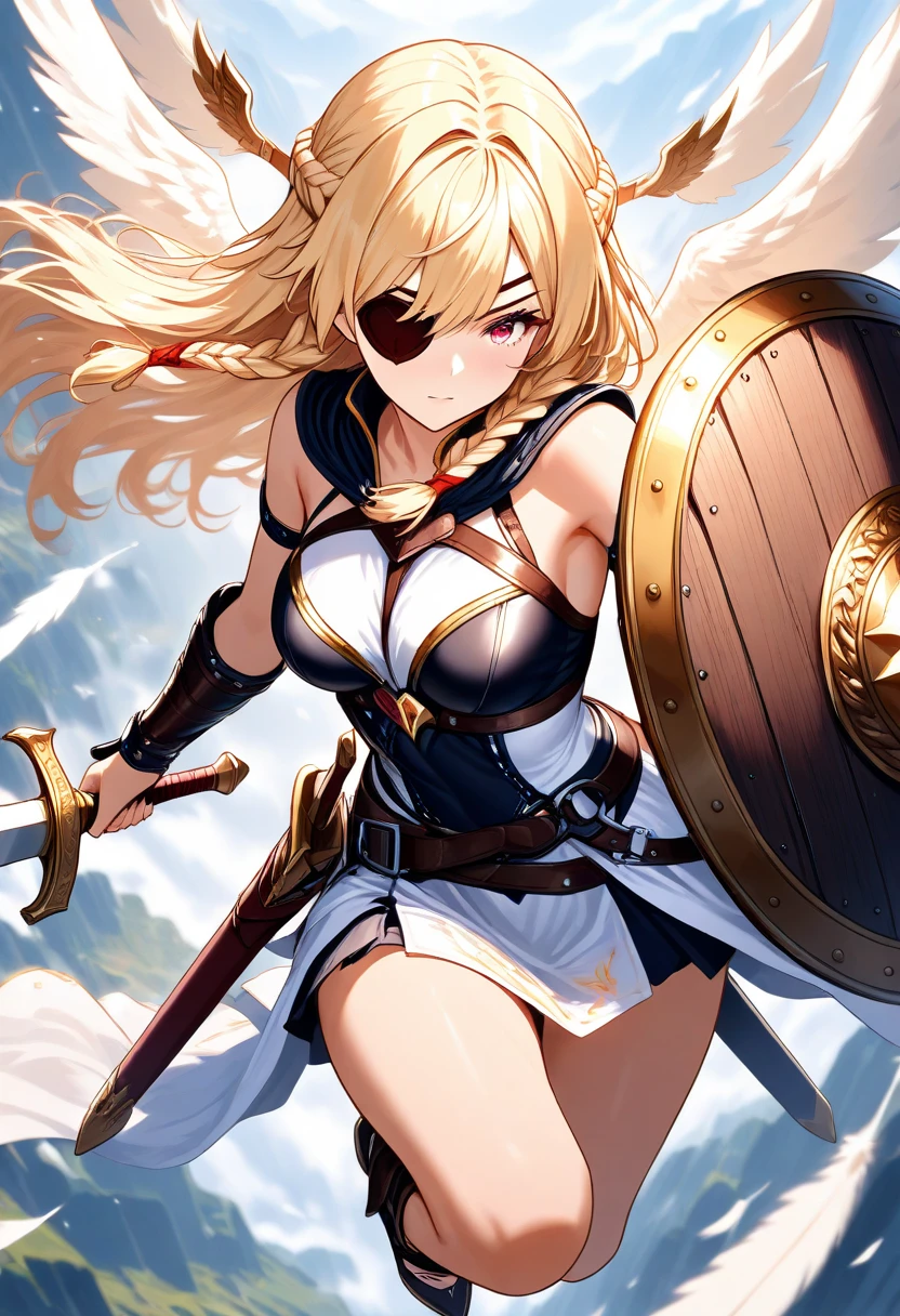 1girl solo long-hair shield blonde-hair weapon armor polearm breasts navel full-body boots black-background looking-at-viewer cleavage holding spear medium-breasts holding-weapon armored-boots midriff bare-shoulders simple-background antenna-hair high-heels green-eyes standing hair-ornament gauntlets greaves bikini-armor holding-polearm skirt holding-shield gloves collarbone blue-eyes very-long-hair aqua-eyes high-heel-boots floating-hair smile elbow-gloves, ((golden armor))