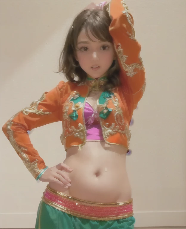 perfect face (chubby:1.2), (11 years old child), in saree wlop perfect full HDR body exposed midriff highleg (armpits:1) red theme (sleeping:1.2) (shot from above:1.3)
