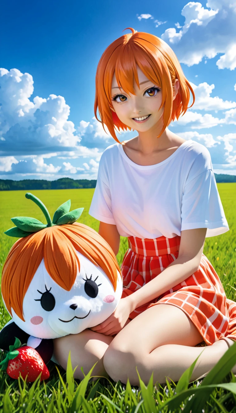 top-quality, 8K, ultra-detailliert, Photorealsitic, yotsubanakano, Yotsuba Nakano, Bangs, Short hair, Blue eyes, hair between eye, Hair Ribbon, shairband, Orange hair, Green Ribbon, The best smile, BREAK skirt, Shirt, Bow, bow ribbon, School uniform, White shirt, Short sleeves, Pleated skirt, shoes, sox, Collared shirt, Miniskirt, bowtie, knee high, Green skirt, Black socks, green bow, (Yellow sweater vest:1.3), Green Ribbon, extreme close - up, Break indoors, BREAK (masutepiece:1.2), Best Quality, High resolution, Unity 8k壁纸, (Illustration:0.8), (Beautiful detailed eyes:1.6), extra detailed face, Perfect Lighting, extremely details CG, (Perfect hands, Perfect Anatomy), (hug object shark doll:1.1), sit on a bed, wariza, Reddening cheeks, Open your mouth, blush, (Japan Faces:1.3), Super beautiful face, 15yo student