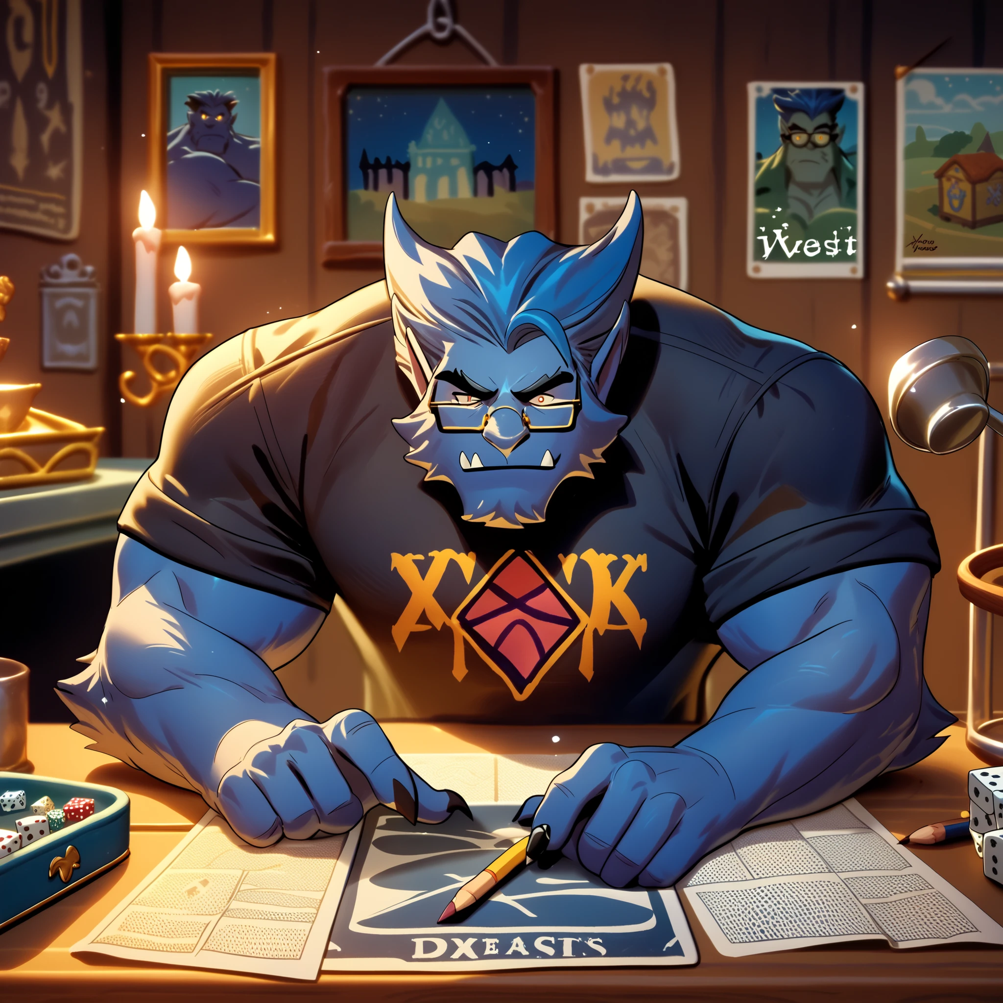 Beast prepares to be the dungeon master of a dungeons and dragons board game.  Setting up a board game with heroic figurines, elves, dwarves, fantasy warriors, wizards, and buildings and monster game pieces.  Night time scene, adventure posters on walls, setting up game board on kitchen table that is candles light.  Character sheets, dice bags, pencils, dice, chairs, large kitchen table, view from the point of view of the game pieces, treasure chest model, dragon figure,  score_9, score_8_up, score_7_up,   XBeast, solo, bara, blue fur, blue hair, glasses, XBeast wears casual street clothes, black muscle shirt with an X on it.