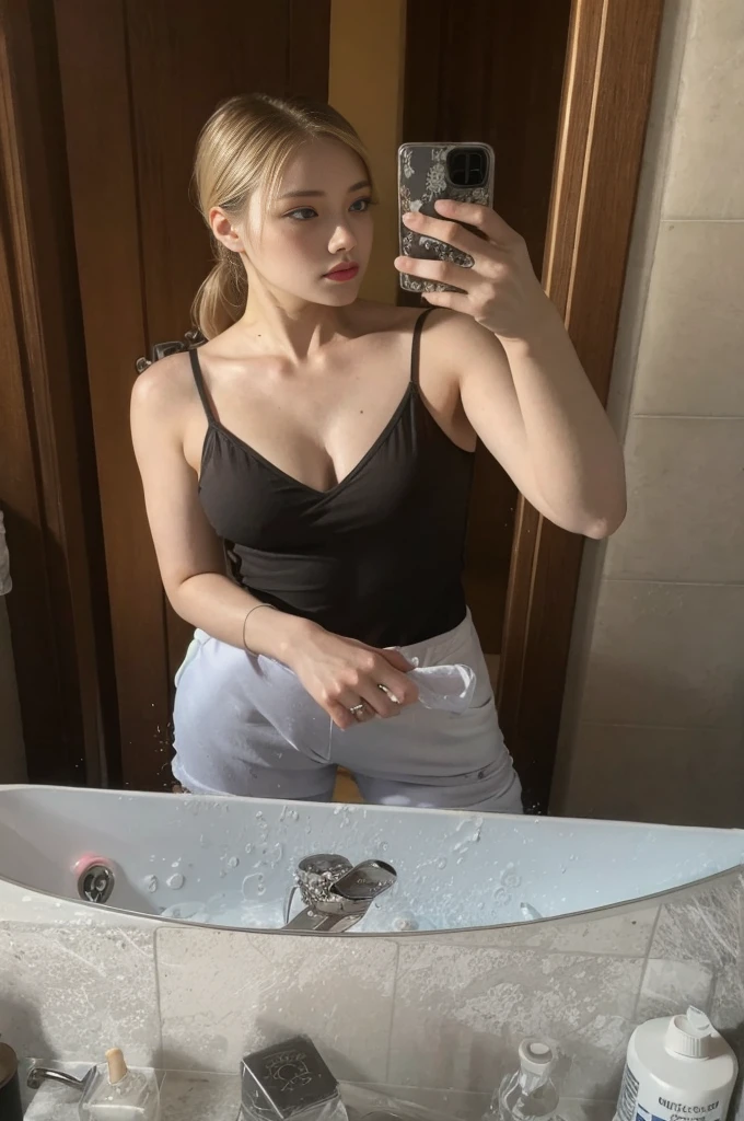 photorealistic, high resolution, 1 girl, short blonde, Korean, blue eyes, thick thighs, short hair, short hair, small cloth area, cute, gray hair, blonde, lick ice stick, chew ice stick, D cup, undressing, ???????, undressed, no clothes