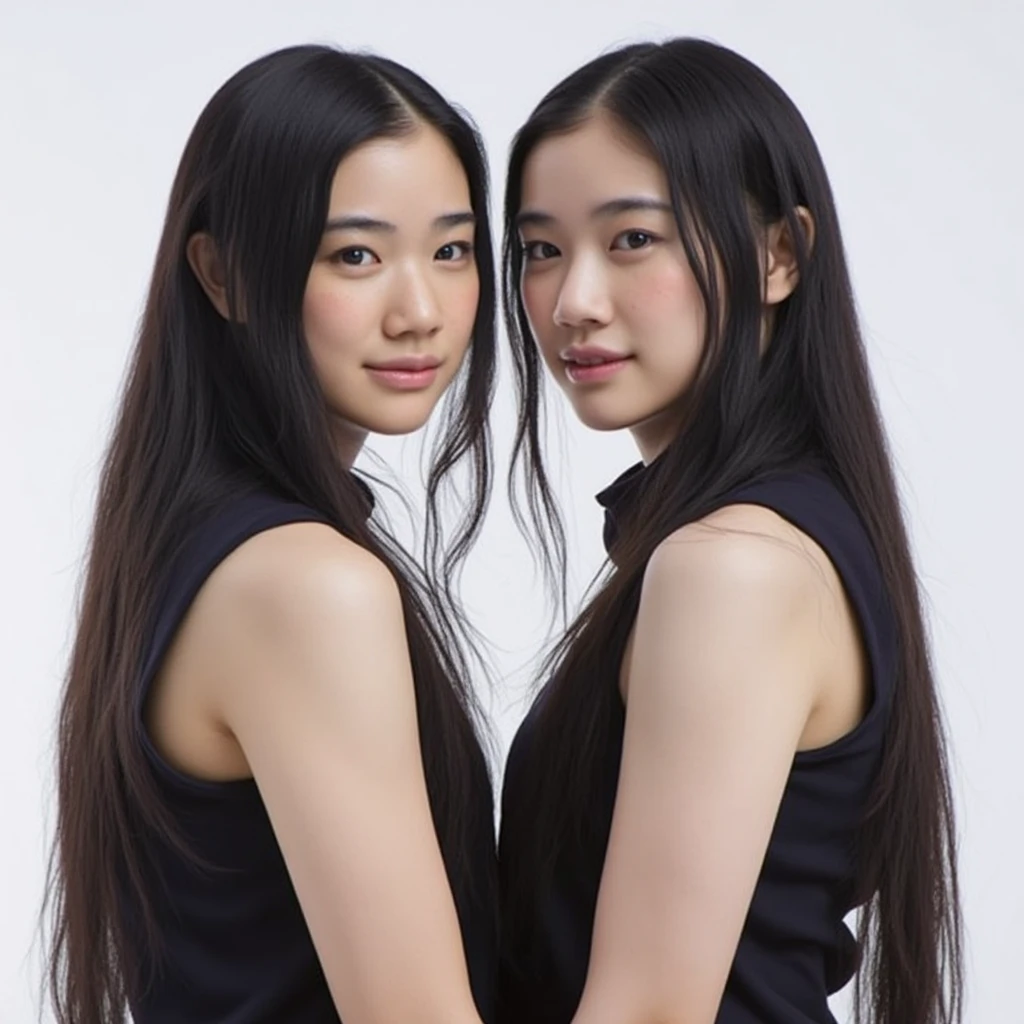 (In the same space, two identical twin hair models are lying on a bed facing each other, embracing each other, closing their eyes and kissing, photographed from the chest up.)　((They both closed their eyes and kissed:1.4))　(The two are identical clones, Wear the same clothes, stop temporarily, Hairstyle, exterior.:1.5)　((Beautiful 18-year-old model with long black hair, girl with super length Hair, extremely length Hair, extra length Hair, very long, Flowing Hair, very length Hair, length Hair girl, very long, Flowing black hair, length Hair windy, Very long black hair, length, Flowing Hair,Incredibly long-lasting hair, length Hair!!!!　Her highest quality hair is long and straight., very long, highest quality black hair, length hair in the center, Highest quality long straight hair, length, straight, beautiful, High quality hair, length and free black highest quality straight hair, length Hair, length and straight, highest quality black hair, Perfect silky straight hair of the highest quality, straight, highest quality black hair, length black straight hair, length, Thin black hair　Her hair is long and straight, very long black hair, length hair in the center, length straight hair, length, straight, beautiful hair of the highest quality, length Hair, length, straight black hair, length and free straight black hair, straight black hair))　(Her bangs are perfect.:1.3)　(Pure white wall background:1.8)　(Japan&#39;s most sexy and beautiful 18-year-old beauty model)　((highest quality)), ((masterpiece)), (Familiar)　(Get used to it)　Perfect Face　　(Her skin is a typical Japanese skin color.....、And very detailed)　　(Big Breasts:1.3)　(She has a beautiful face and a typical Japanese figure...., Narrow eyes)　(She has perfect beautiful makeup and face　Lipstick is light red　A solid eyeliner)　((Rich 1.4))　(Extremely detailed 8K)　(Ultra-fine skin texture 1.4)　(Actual, Vibrant:1.4), double eyelid　Sharp focus:1.2、Beautiful woman:1.4　Dynamic Lighting　(Genuine RAW photos taken by professional photographers)　　Professional Hair Shine.　(She has a bright and cheerful face)　　(((途方もなくlengthBlack hair 1.3)))　(length, Shiny black hair, その女性はlengthBlack hairをしている, lengthBlack hair, Waist-length hair, very lengthBlack hair, thick shining black hair, black silky hair, length and shiny hair, lengthBlack hair, length, Flat Hair　Ridiculously long hair, Black shiny hair, Very shiny, Abnormally long hair, 厚く輝く異常にlengthBlack hair,Jet black silky hair　Her hair is とてもlength and straight　length, Voluminous black hair that reaches down to her ankles　unusually long black hair, unusually long black hair, Very long black hair)　(Her face is slim and dignified.., length, Narrow eyes..々Nice face)　(They are&#39;They&#39;re both wearing the same white lingerie:1.5)
