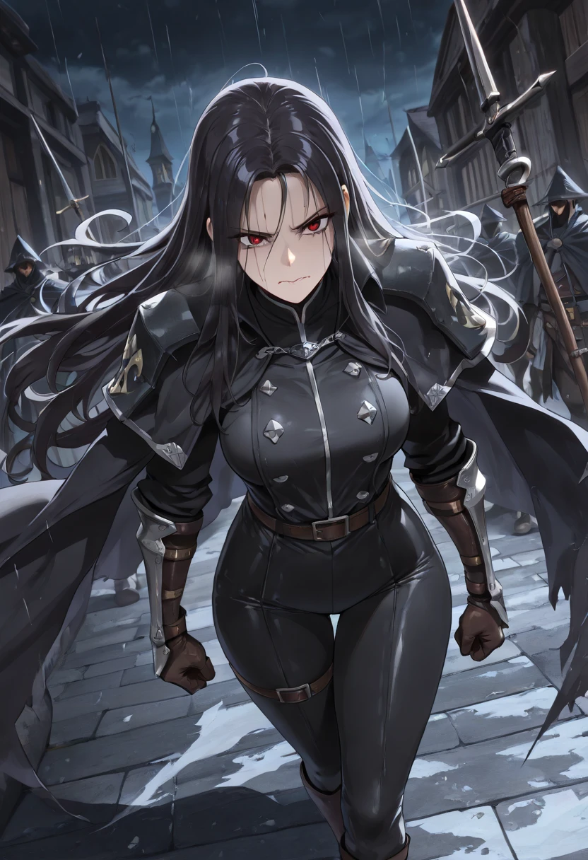 A woman wearing black armor, big breasts, sadistic smile, red eyes, black hair, holding a sword, in a ruined place,4k, perfect, ultra resolution.