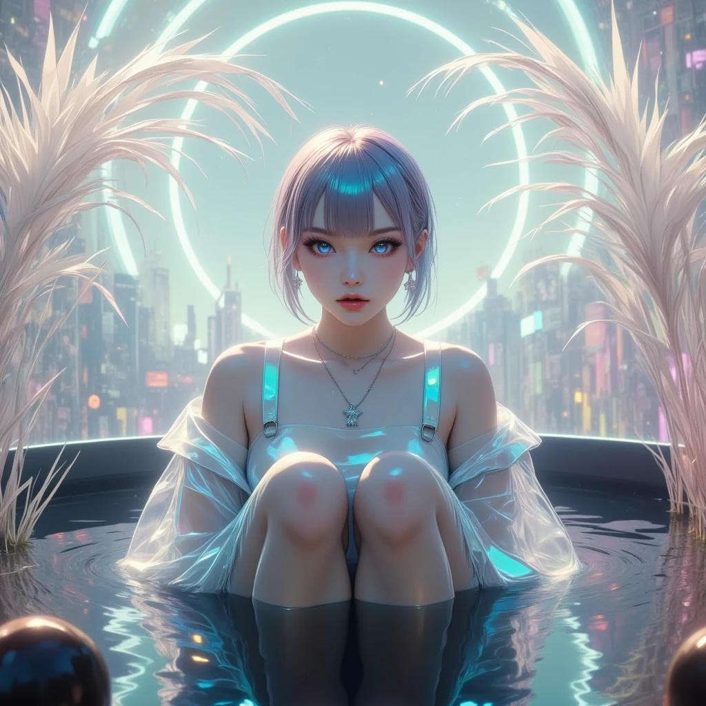 A small woman sitting yoga pose in a mirrored water with bioluminescence, facing the sky, showing her back, sparkling hair, back facing, looking at beautiful surreal earth planet in the giant black expanse of space, luminous, stars, comets, and milky ways, with a dreamlike and vivid color scheme, -- stylize, anime abstract luminary, realistic
