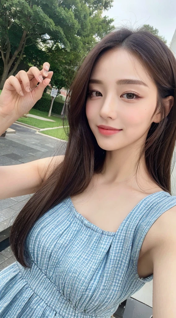 (1 Korean girl with royal sister style), ((best quality, 8k, masterpiece: 1.3)), (front photo), perfect body beauty: 1.4, (hips, extremely beautiful legs: 1.2), (smile), (Street: 1.3), highly detailed face and skin texture, delicate eyes, double eyelids, whitening skin, (shawl hair: 1.3), (round face: 1.5), (crop short sleeves: 1.4),