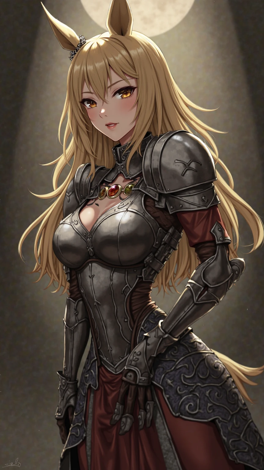 (masterpiece, 8k, 4k, extremely detailed, dynamic shading, best quality, absurdres:1.4) 1girl, nice hands, perfect hands, milf, mature, sexy, (large breasts:1.1) <lora:more_details:0.9>  <lora:RamzaBeoulveV1:0.7> RamzaBeoulve, blonde hair with high ponytail, cape, gloves, thigh boots, black armor, red leather pants, spikes, bronze armor thighboots, bronze greaves, black metal breastplate corset, (bare collarbones:1.4), cleavage, spiked armor, leather choker, thick eyebrows, dark eyeshadow, thick eyeliner, piercing gaze, intense eyes, purple eyes