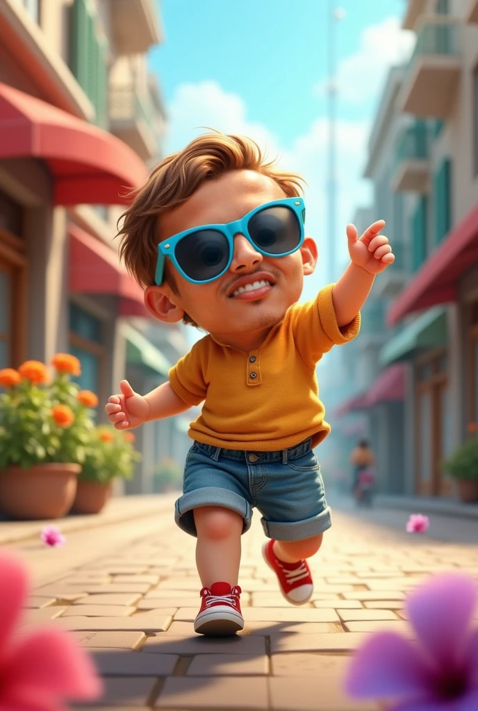 A cool baby laughing out loud: "Create a realistic image of a baby with tiny, stylish sunglasses, laughing heartily with its mouth wide open. The baby is dressed in a fun, colorful onesie, and the background is a lively park with other kids playing and laughing, enhancing the joyful and carefree mood."