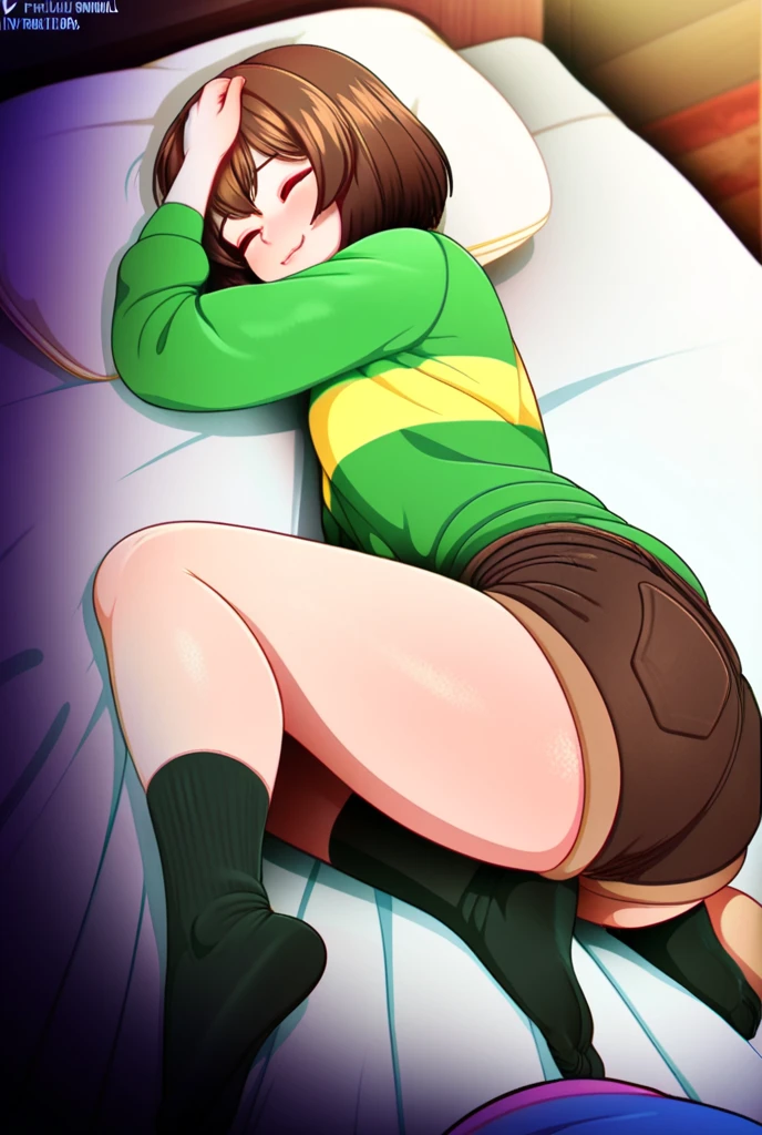 women, hair over one eye, brown hair, green eyes, Tomboy, darker skin, bed, books lying around, black hoodie, sweatpants, large breasting at viewer, on stomach, back, from behind