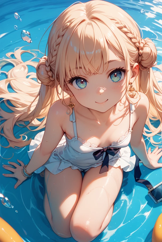 concept:beautiful woman portrait。 quality:NSFW, (最高quality, 4k, High resolution, masterpiece:1.2), Super detailed, (anime style, photorealistic:1.37), lighting effects:cinematic light, Bright colors and mesmerizing effects, soft and delicate illumination, gentle shine, Lens flare, The whole scene has a beautiful and gentle atmosphere., Subject information:alone, ((young woman)), (round eyes), (small face), (high detail skin:1.2), long eyelashes, glossy lips, (blonde, twin tails, blue eyes), (slim body shape), Highly detailed face and skin texture, (Joyful), (sexy bikini), droopy eyes, lying down, crotch opening, Lift your legs, wet body, seductive thighs, Other details:Poolside:1.5, beautiful skin, shiny skin, perfect fingers, five fingers, anatomically correct, background bokeh, 300㎜, f/4, photo shoot,