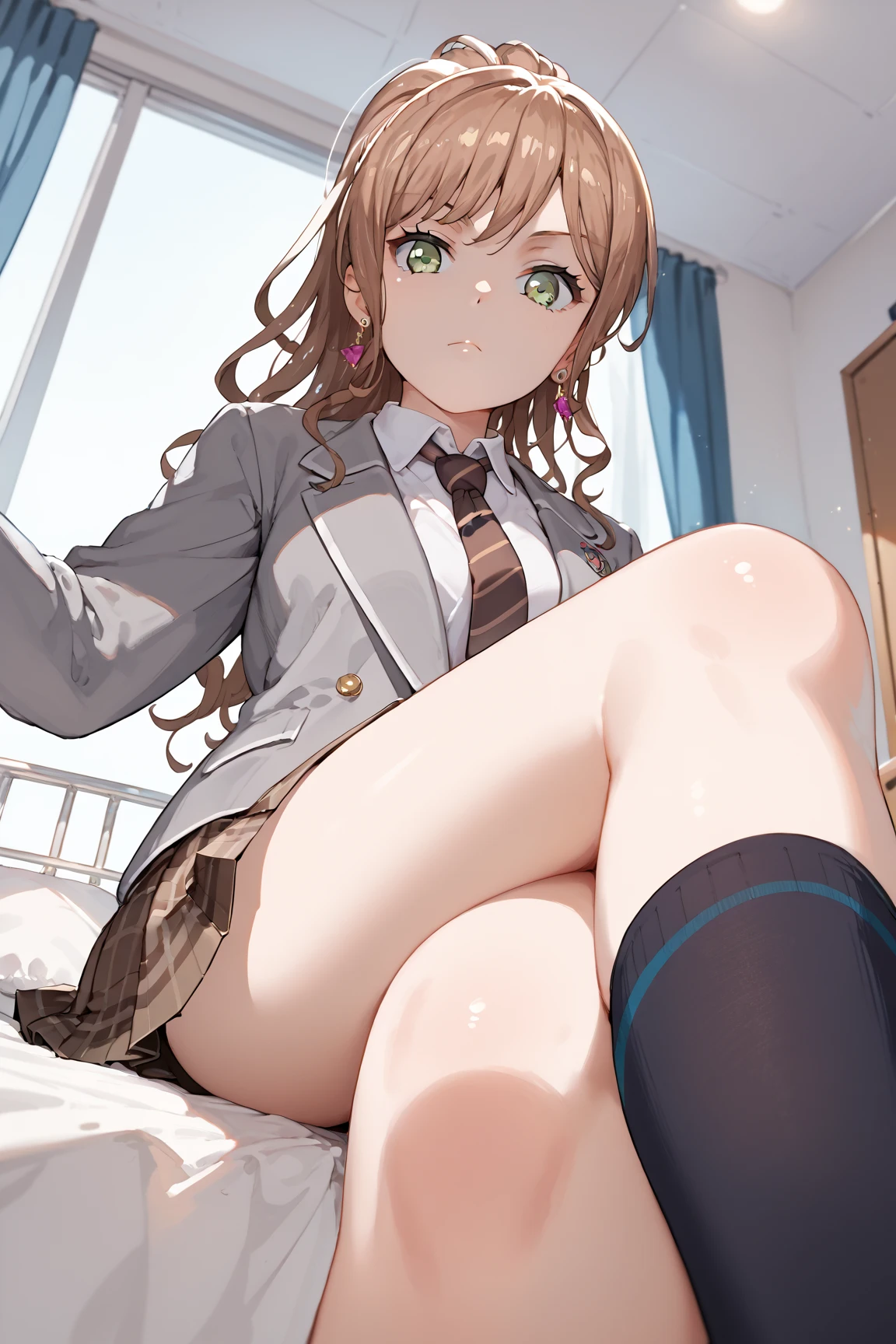 finest, masterpiece, High resolution, (Full body view from head to toe), Composition from the front and slightly below, symmetrical composition, Composition with accurate balance throughout the body、18 years old, slim and beautiful girl, alone, (small breasts), (not wearing shoes),long messy brown hair, bangs, (black tights), (black pantyhose), (sitting on the floor with legs apart), (Pose with legs spread on the bed), tied up with both arms hidden behind the back, (Composition showing white panties), (her legs spread、I can see white panties.), (Open mouth with a pained expression), blush, shy big eyes, looking at camera, blazer uniform, plaid pleated skirt