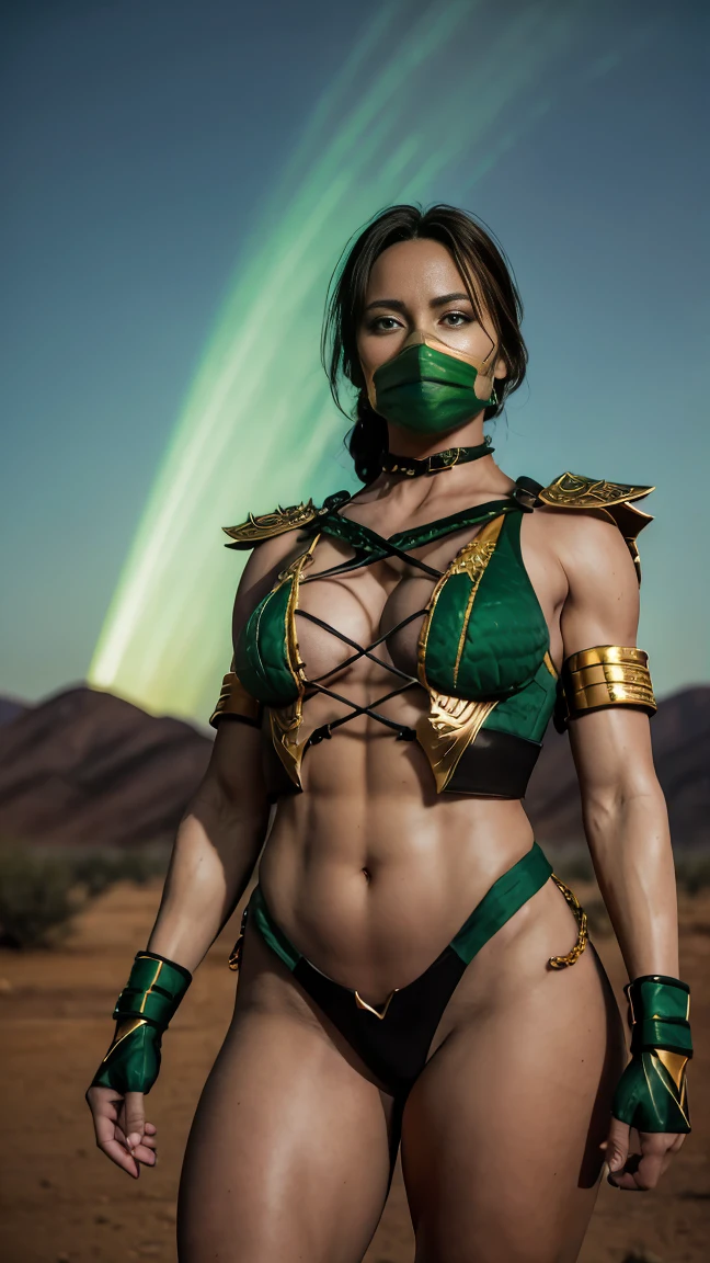 (Highest quality, Ultra HD, 16k, Masterpiece:1.2) A female warrior, Jade from Mortal kombat, embodying a fierce and formidable presence, stands in a desert landscape under a starry sky. The scene is set against a barren, desolate background, with cinematic lighting enhancing the dramatic and intense atmosphere. The warrior, armed and dangerous, dons a striking battle-ready costume with a green and gold color scheme, exuding a sense of raw, untamed power. Her outfit includes a tightly laced bodice that accentuates her muscular physique, with intricate golden trim highlighting the contours. The bodice is designed for both mobility and protection, exposing her powerful abdominal muscles while offering robust support. She wears long, green gloves with gold accents, extending up to her elbows, adding an extra layer of defense and style. Her lower attire consists of high-cut, form-fitting briefs that allow for maximum agility, also adorned with golden edges to match the bodice. Straps crisscross her chest, adding both functionality and an additional layer of intricate design to her ensemble. A pair of sturdy, high boots, similarly green with gold trim, completes her outfit, offering both protection and a firm grip on the rugged terrain. Her face is partially concealed by a sleek, green mask that covers her nose and mouth, adding an air of mystery while protecting her from the harsh desert elements. Her black hair is tied back in a no-nonsense style, keeping it out of her face and emphasizing her determined, focused gaze. As she stands in the arid wasteland, the background is illuminated by the fading light of dusk, with rocky outcrops and distant mountains silhouetted against the sky. The sky above is a mix of deep blues and purples, dotted with stars, casting a serene yet foreboding light over the scene. The overall composition emphasizes the stark contrast between the warrior's dark, armored attire and the bright, expansive desert environment. 
