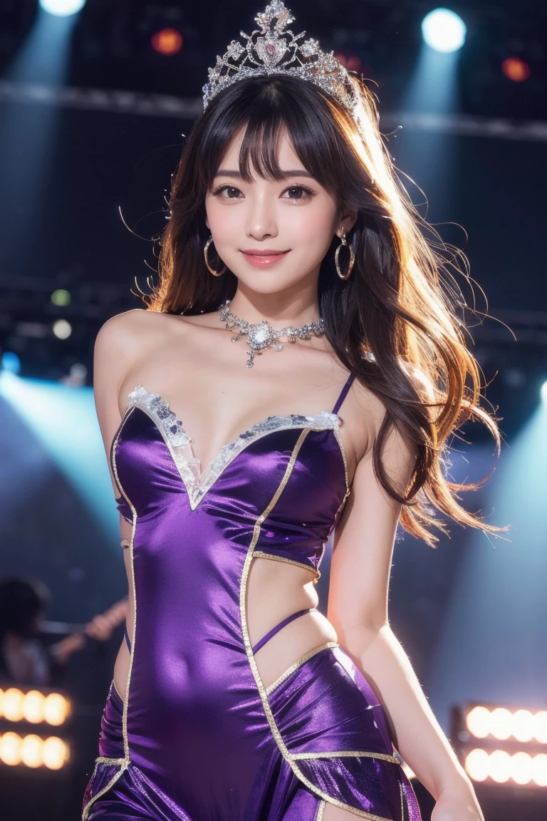 Ultra high resolution photo quality、cinematic camera work、Video of the entire stage、long shot、modern japanese strip theater、wide stage、wide seat、Mayu Minami、Mature、big droopy eyes、Beauty、familiarity、very beautiful Japanese female dancer、athlete、very sexy、Very long and beautiful strong arms and legs and beautiful abs、Fair skin、Her fine skin is very beautiful、Sweat、beautiful bright smile、healthy、kind、Noble、refinement、kind、mild、raise one leg、active pose、yoga、gorgeous beautiful dress、Beautiful stage costumes、Dramatic and gorgeous beautiful lighting、Spotlight、Laser beam、smoke effect、clear acoustics、round table stage、body chain、