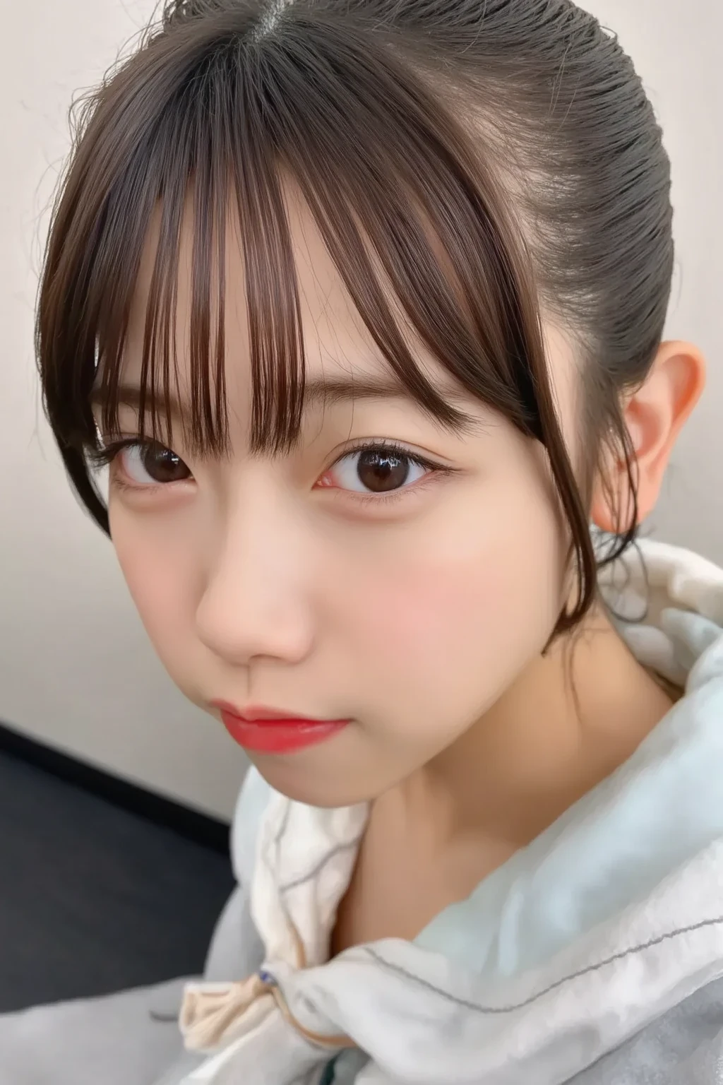 ((highest quality, 8k, masterpiece: 1.3)), 1 female, Japanese Mature,Sensual beauty: 1.3, (Hair style Brown hair Medium wave, big: 1.2), Nightwear: 1.1, Super slender face, Delicate eyes, double eyelid, (((Open your mouth,Surprised expression,)))Mole, Home,Plump body,very thick legs,Shot from directly above,I&#39;m surprised with my mouth open,