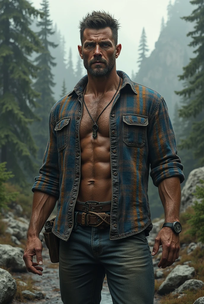 Lumberjack man open plaid shirt, tall athletic and shaved hair young