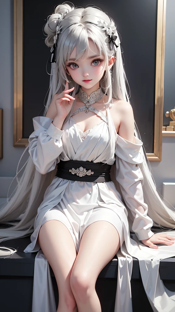 there is a woman in a costume sitting on a bed, Anime girl cosplay, elegant glamourous cosplay, sakimichan, cruel korean goth girl, Anime cosplay, long white hair, cosplay, gothic maiden anime girl, ulzzangs, with long white hair, 2 b, 2b, fashionable dark witch, astral witch clothes, Maid outfit