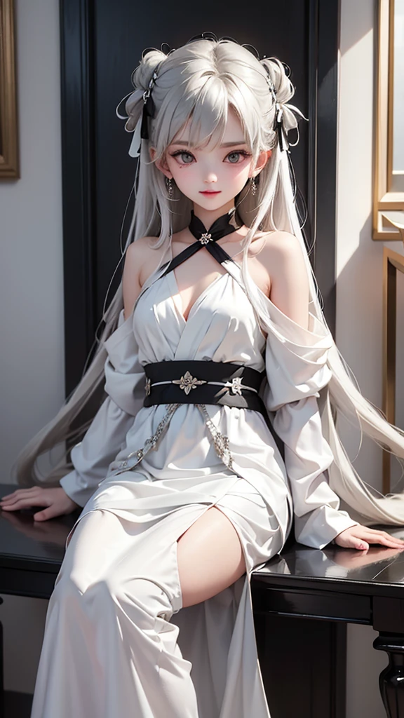 kasugano sora,long white hair,twintails,hair ribbon,hair ornament, ((Yushuxin,1 Girl,Solitary)), Warm colors, atmosphere, 4K, masterpiece, high resolution, ridiculous, Bare shoulders, Sexy long legs, on the bed, Strike a pose, brown wavy hair, lust, eyes, Shy, pure desire, Tempting, Sexy pose, Big breasts, Very detailed face, Light and delicate makeup, Charm and sophistication, Attractive posture, beauty, grace, lifelike, Very detailed, amazing, beauty的, Young and energetic, Charming model