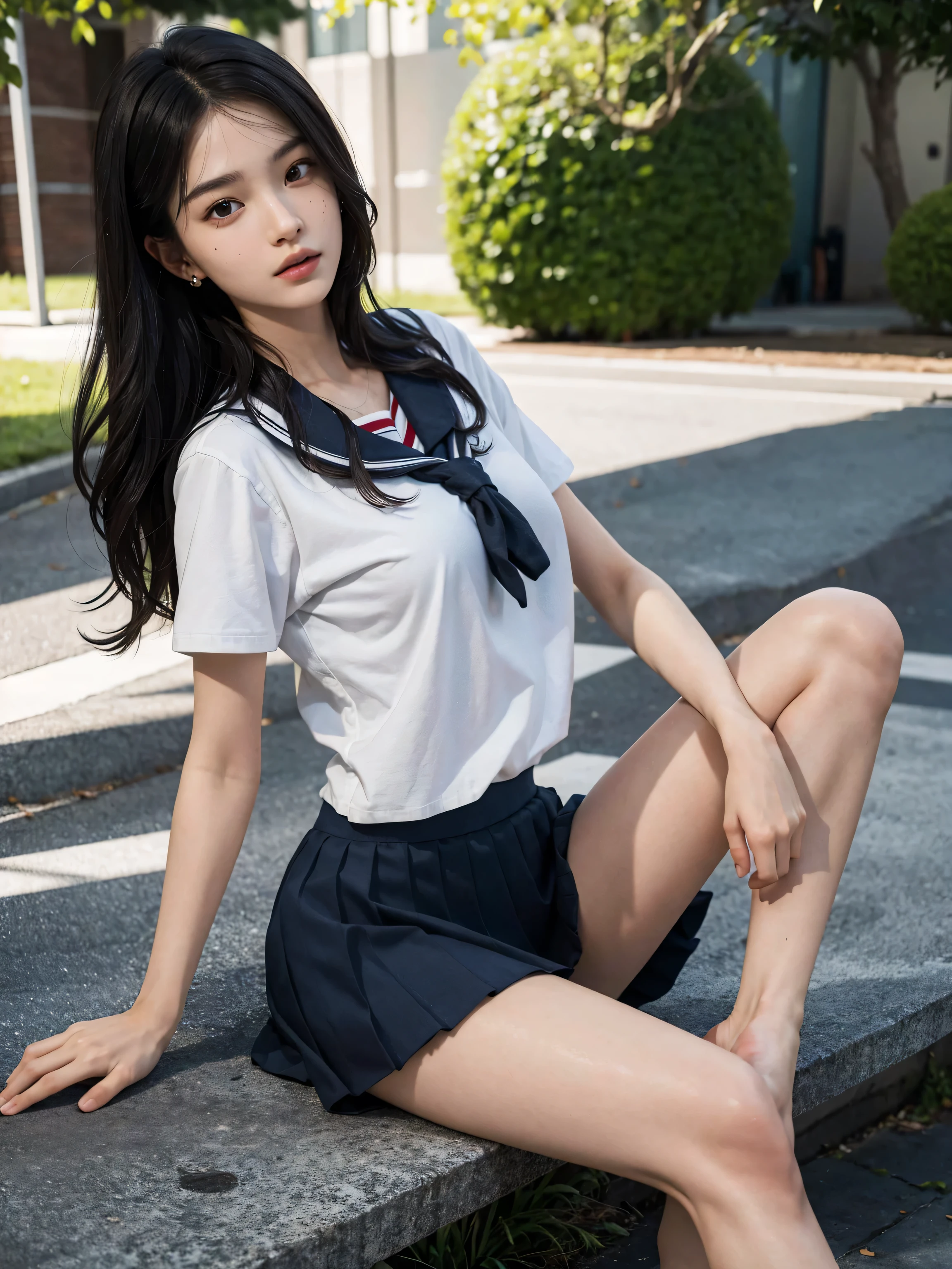 ((((top-quality))))、(((Ultra Precision CG16K Wallpapers)))、(((masterpiece)))、(((ultra-detailliert)))、(((Ultra-extreme details)))、1Man Woman、a matural female、An 18-year-old woman、((Korean Face))、((extremely beautiful face))、((a beauty girl:1.5))、((soft wave long bob hair:1.3))、(shinny hair)、Bangs up to the eyebrows、Beautiful brown hair、Beautiful delicate eyes、Brown eyes、raised eyebrows、lofty nose、small nostrils、small mouth、seductive lips、slightly open mouth、Beautiful breasts、C-cup size breasts、cleavage of the breast、Plump body、perfectly proportions、perfect anatomia、perfect-composition、beautiful detailed shading、Beautiful natural lighting、Beautiful detail glow、depth of fields、(((a high chroma)))、(((realisitic:1.9)))、((Vivid:1.4))、((Beautiful skin))、((Skin texture))、((Realistic skin feeling))、(((Head-to-thigh shot:1.5)))、((Bird's-eye view angle:1.5))、((Shameful face、red blush:1.5))、(Eyes looking at me)、Bright sunshine、(((lie down on the grass:1.8)))、(supine pose)、(((Japanese Schoolgirl Uniform、Sailor suit wearing:1.8)))、((Place two arms behind your head、2 legs:1.8))、