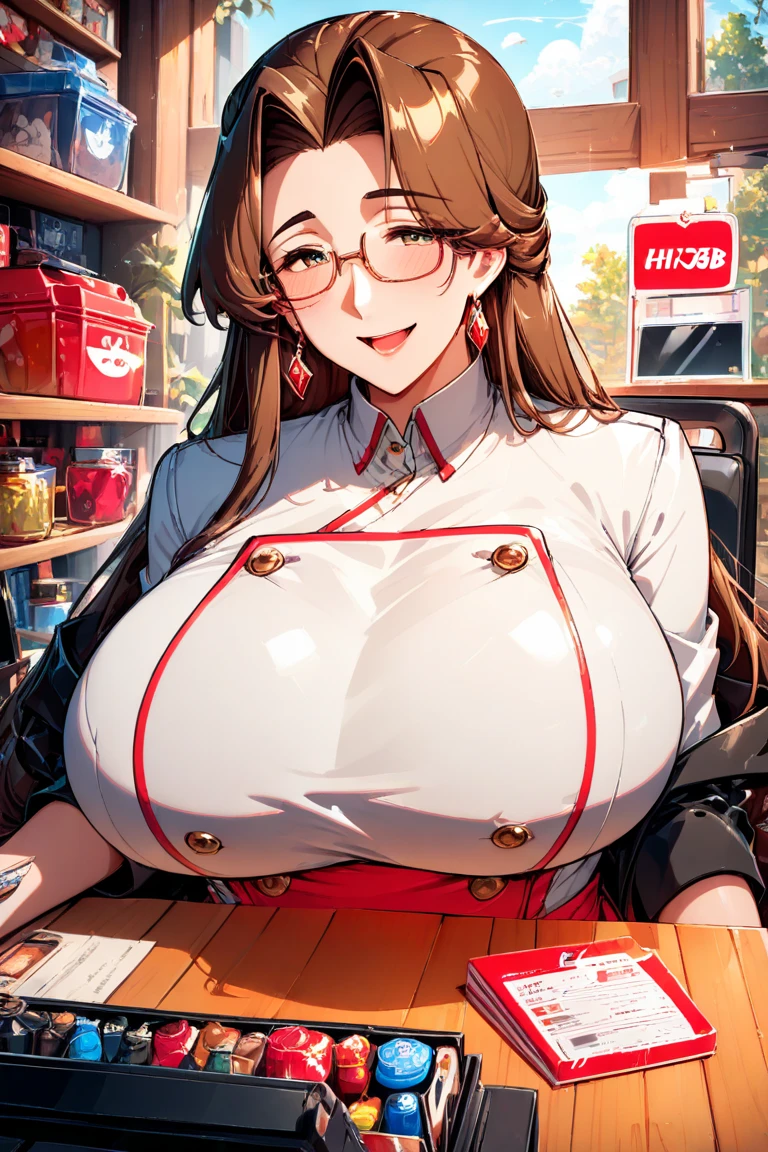 anime girl with a red shirt and blue jeans holding a cell phone, (sfw) safe for work, oppai, at the counter, ecchi anime style, marin kitagawa fanart, nishimiya shouko, ecchi, ( waitress ) girl, kantai collection style, seductive anime girl, ecchi style, convenience store, revealing clothes, with a large breasts