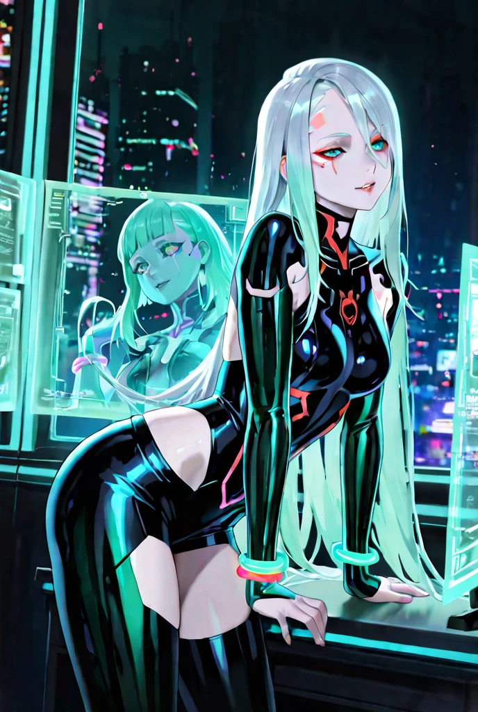 Create an anime-style illustration of a dynamic and stylish female character that embodies the energy and excitement of an EDM song. She should have a futuristic and vibrant look, with bright neon colors and glowing accents. Her outfit should be modern and edgy, perhaps featuring elements like a sleek bodysuit or holographic accessories. The background should be a high-energy, abstract scene that complements the EDM theme, with pulsating lights and geometric shapes. Capture her in a lively pose, reflecting the rhythm and intensity of the music, and ensure her expression conveys enthusiasm and passion for the beat.
