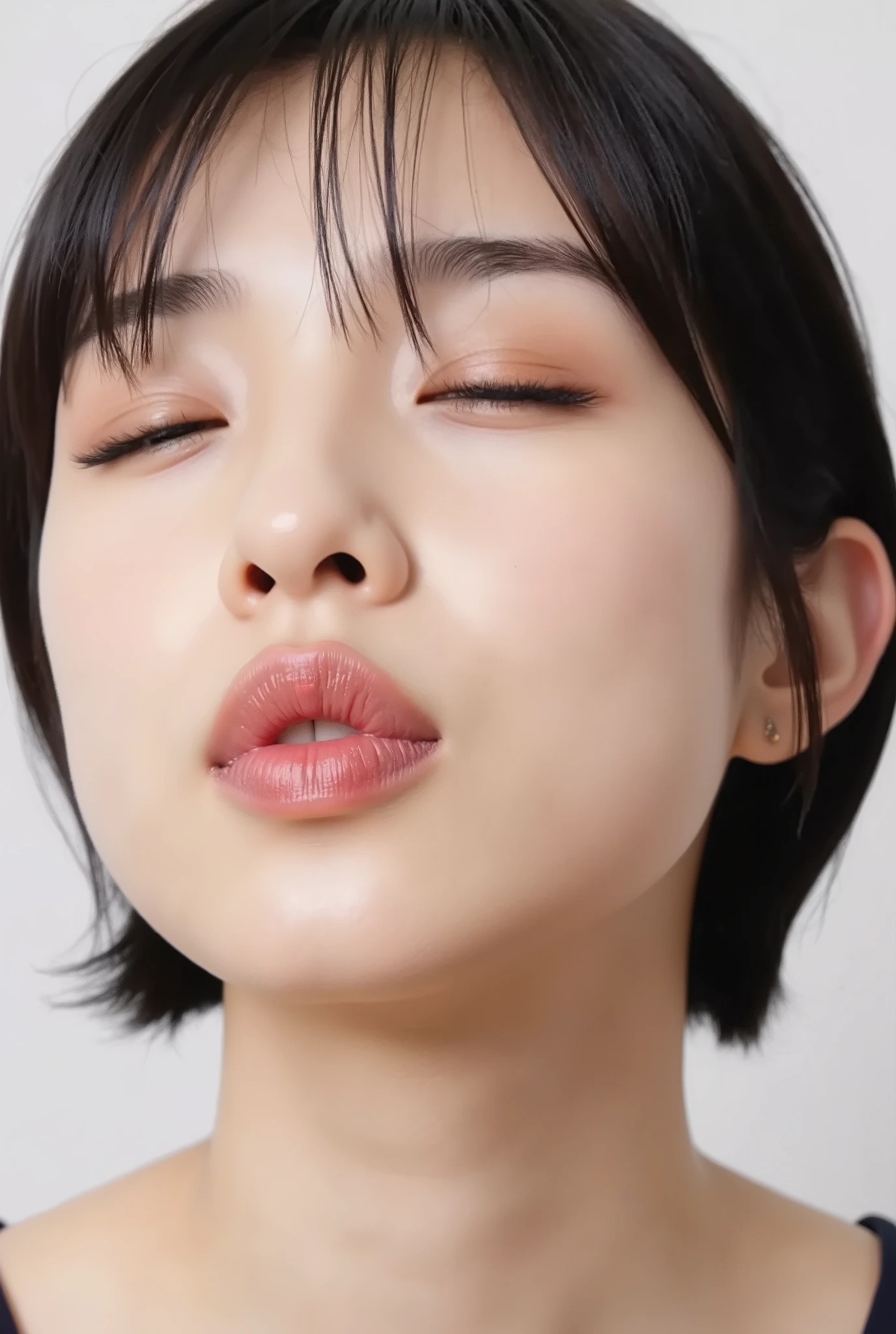 ultra-detailed close-up of a beautiful girl, collarbone-up composition, white studio background, soft natural lighting, slightly elevated camera angle (around 35 degrees), full face and head visible in frame, chin slightly raised, eyes gently closed, deeply affectionate smile, cheeks and ears flushed, dreamy, blissful, euphoric expression, mouth puckered and protruding with a rounded kiss shape, glossy moist lips with shimmering highlights, soft lips reflecting light, extreme focus on lips, inviting kiss pose, longing expression, desperate affection, dere-dere mood, hands behind her back and not visible, natural skin texture with visible peach fuzz, matte facial skin, black camisole strap visible, soft head tilt, bokeh background and soft facial contour blur to emphasize lips, overflowing with affection and dazed joy